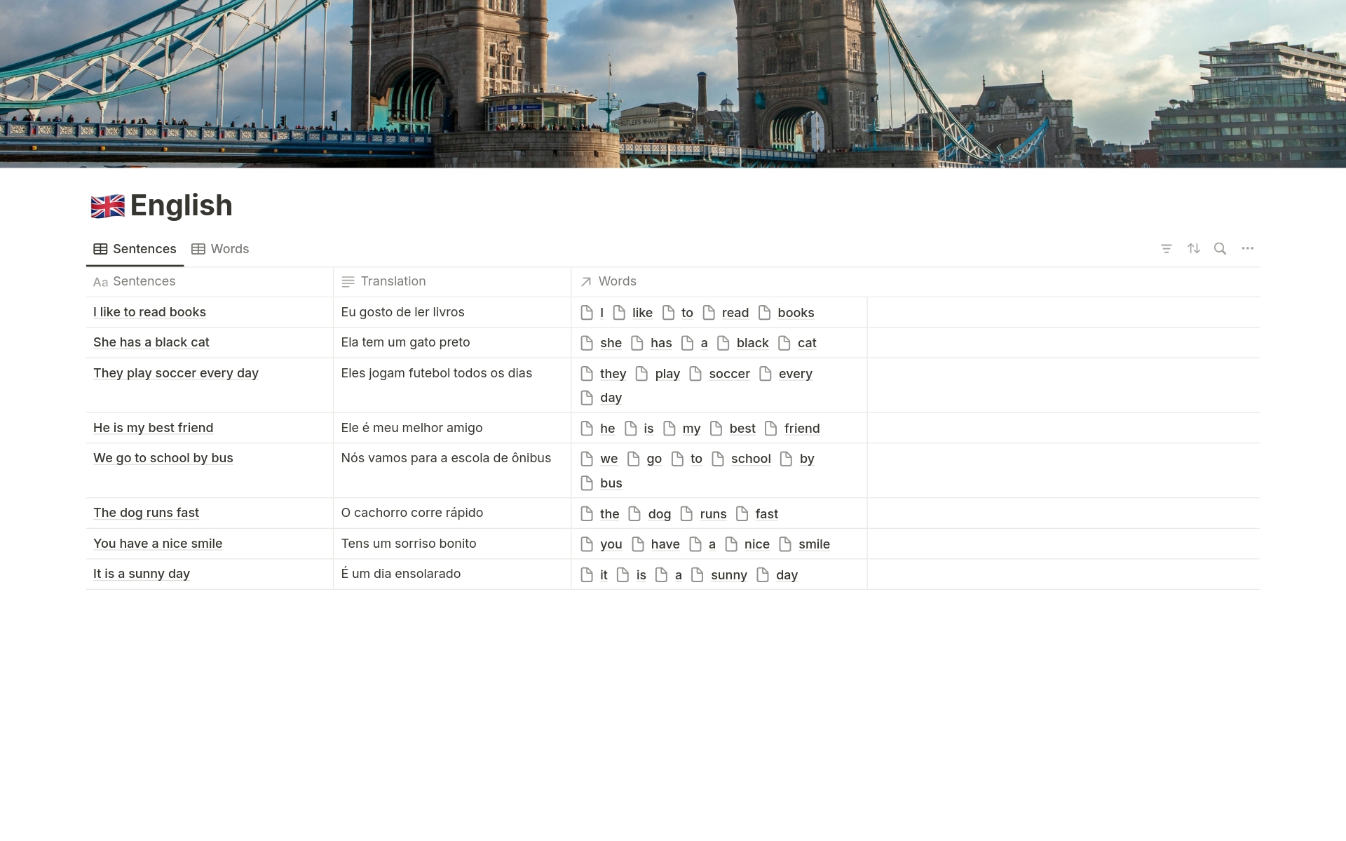 Vista previa de una plantilla para English Vocabulary Tracker Language System
