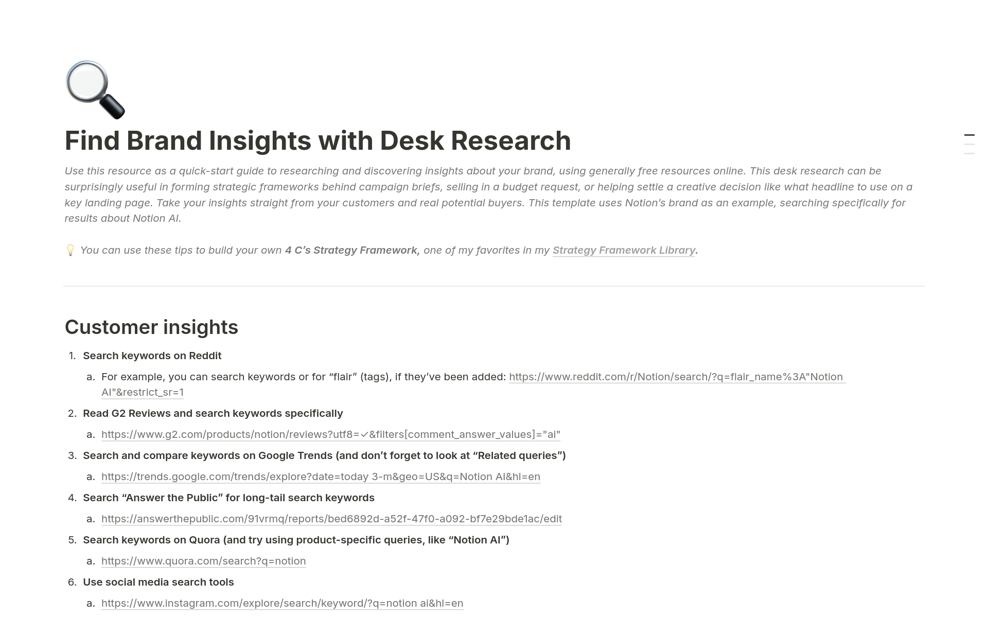 A template preview for Brand Insights Checklist