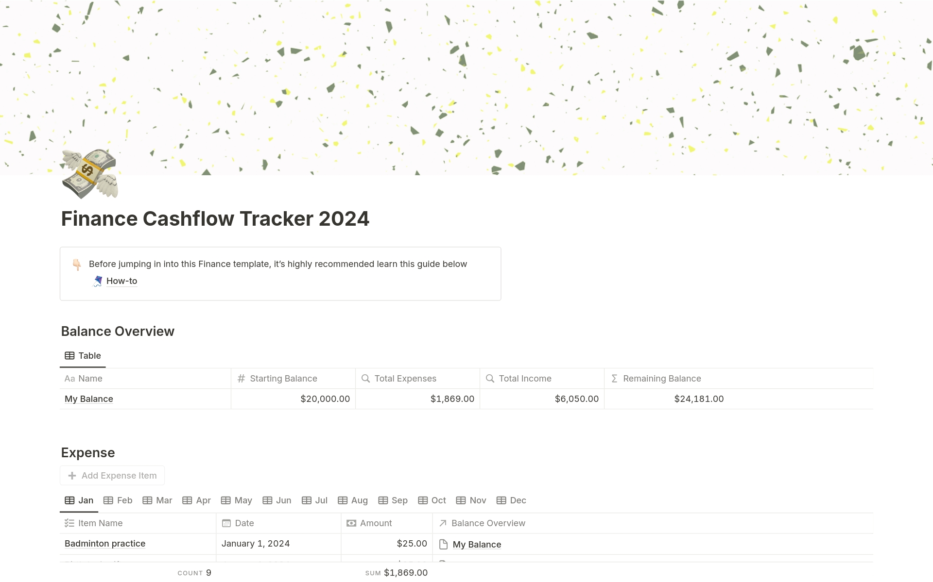 En förhandsgranskning av mallen för Finance Cashflow Tracker