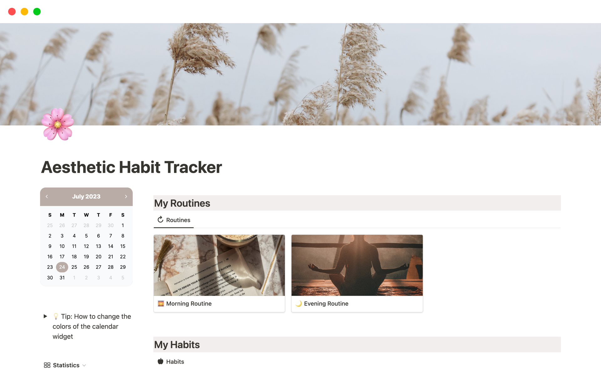Aesthetic Habit Trackerのテンプレートのプレビュー