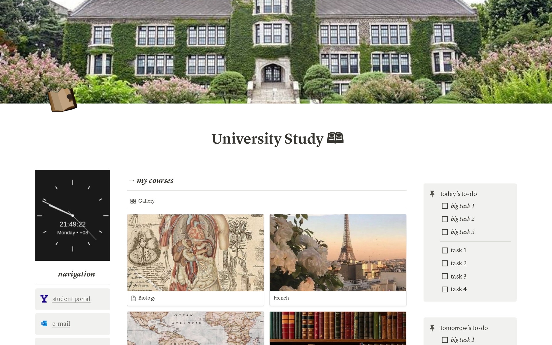Stay organized with our Ultimate University Notion Template. Manage courses, assignments, and schedules effortlessly. Includes a course dashboard, task tracker, project management tools, and a personal journal. Customizable aesthetics for a personalized workspace.