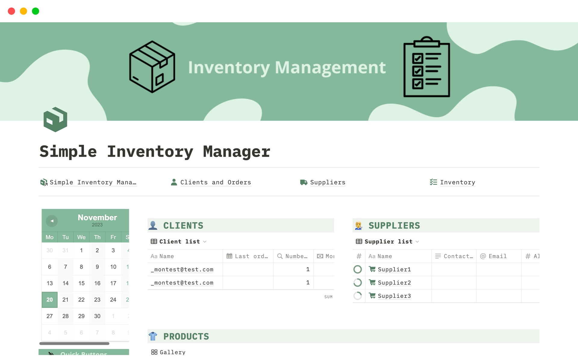 En förhandsgranskning av mallen för Simple Inventory Manager