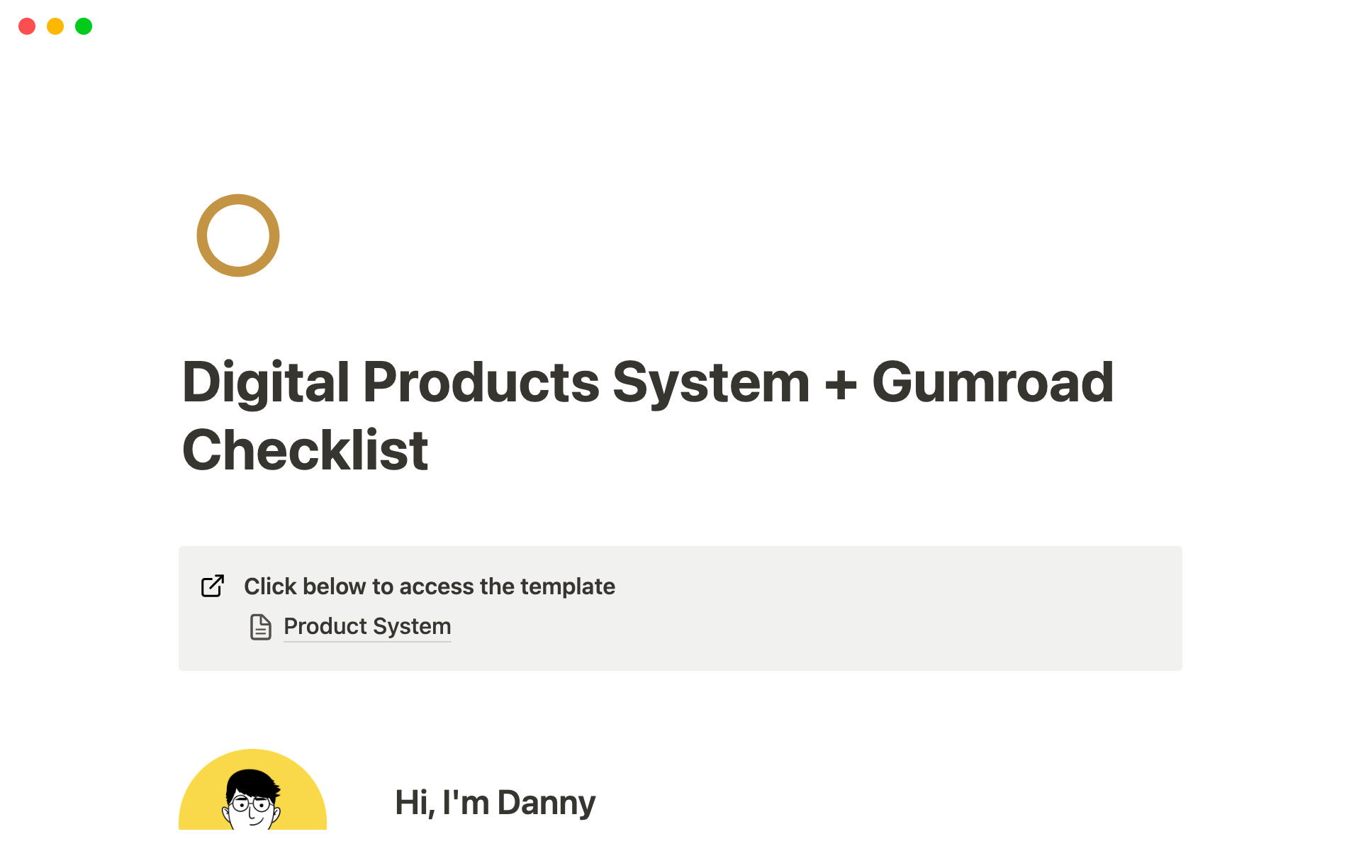 En forhåndsvisning av mal for Product System + Gumroad Checklist