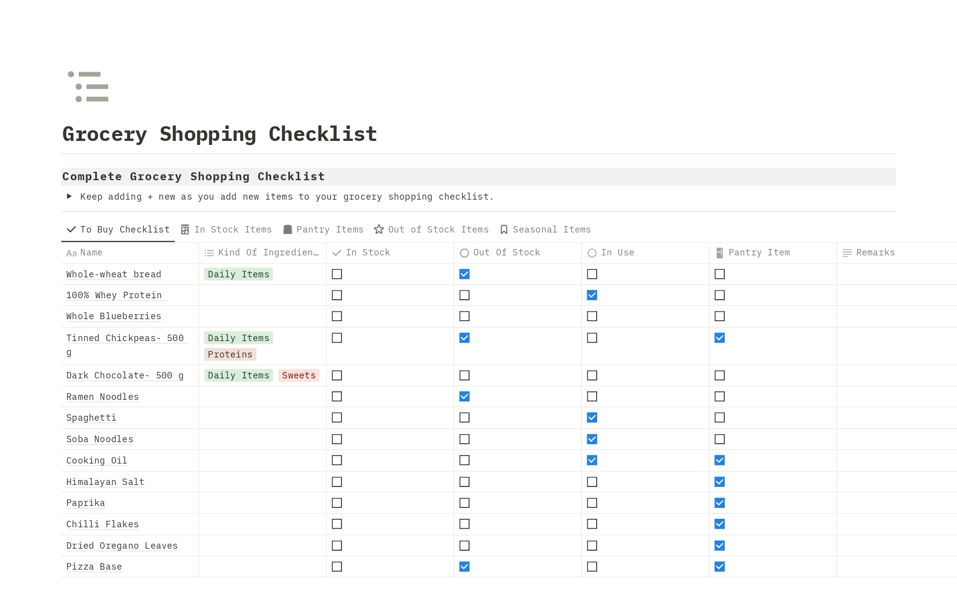 Simplify your grocery shopping experience with our sleek and efficient Notion template. Designed for ease of use and productivity, this minimalist checklist planner streamlines your shopping process, ensuring you never forget an item again.
