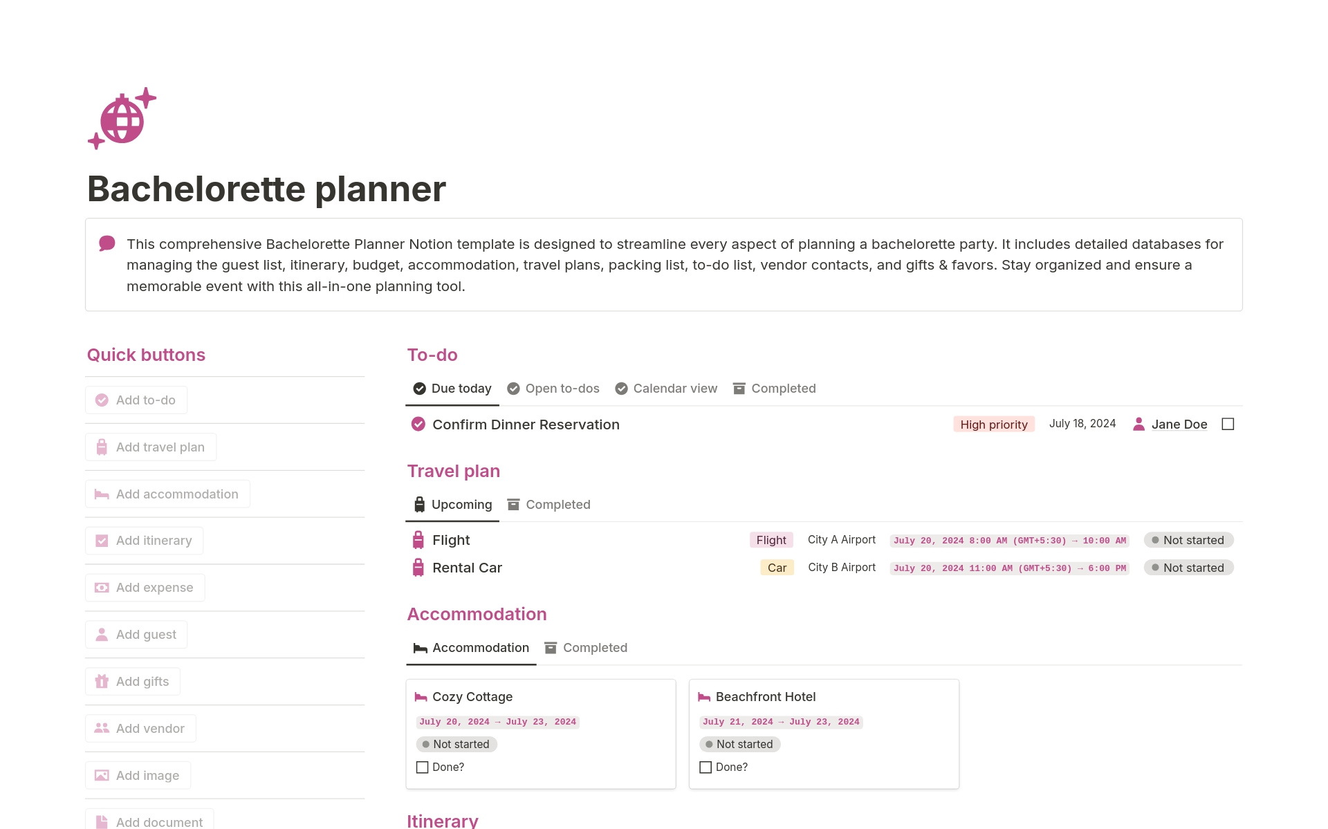 This template is designed to streamline every aspect of planning a bachelorette party. It includes detailed databases for managing the guest list, itinerary, budget, accommodation, travel plans, packing list, to-do list, vendor contacts, gifts & favors and more.
