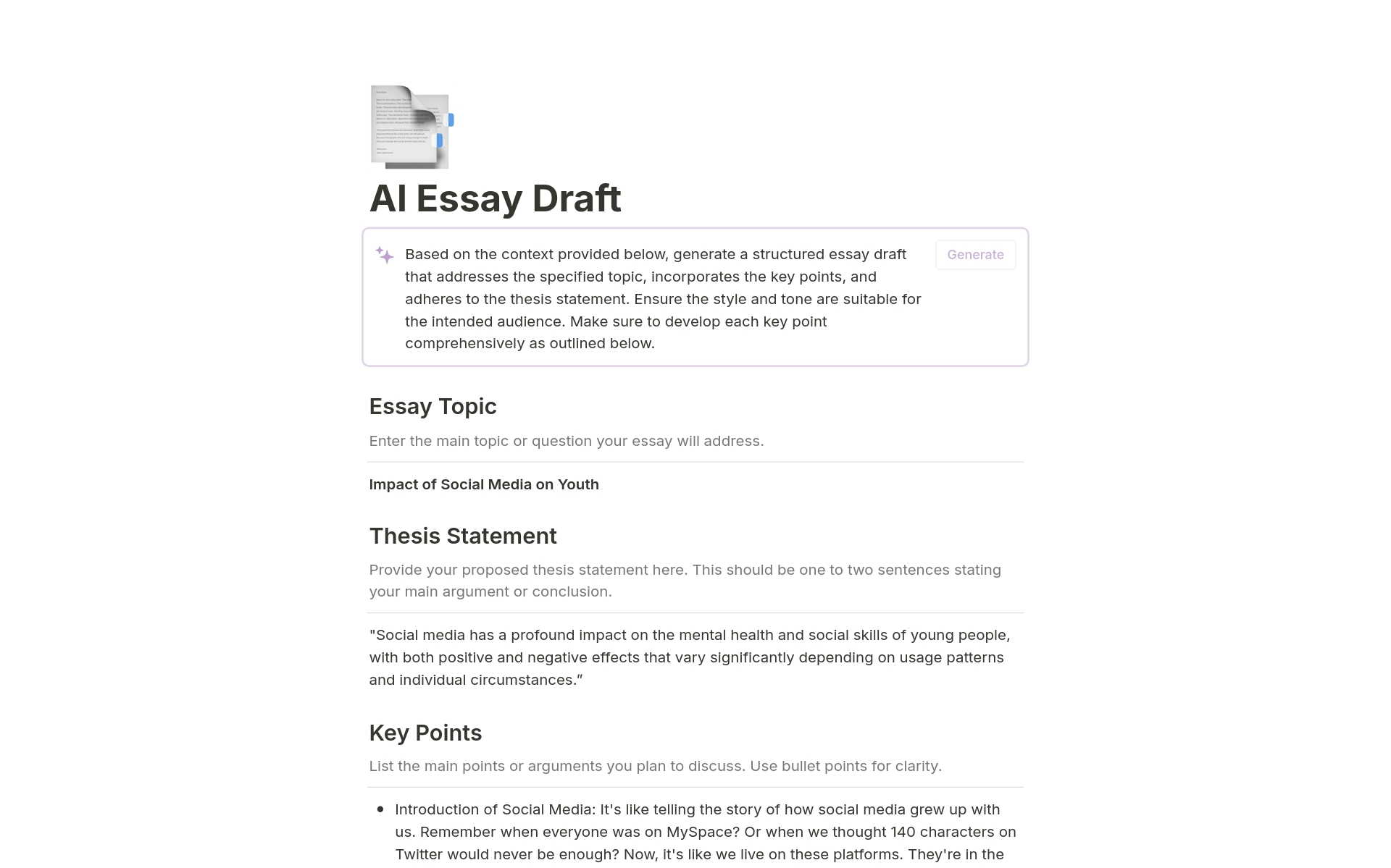 En förhandsgranskning av mallen för AI Essay Draft