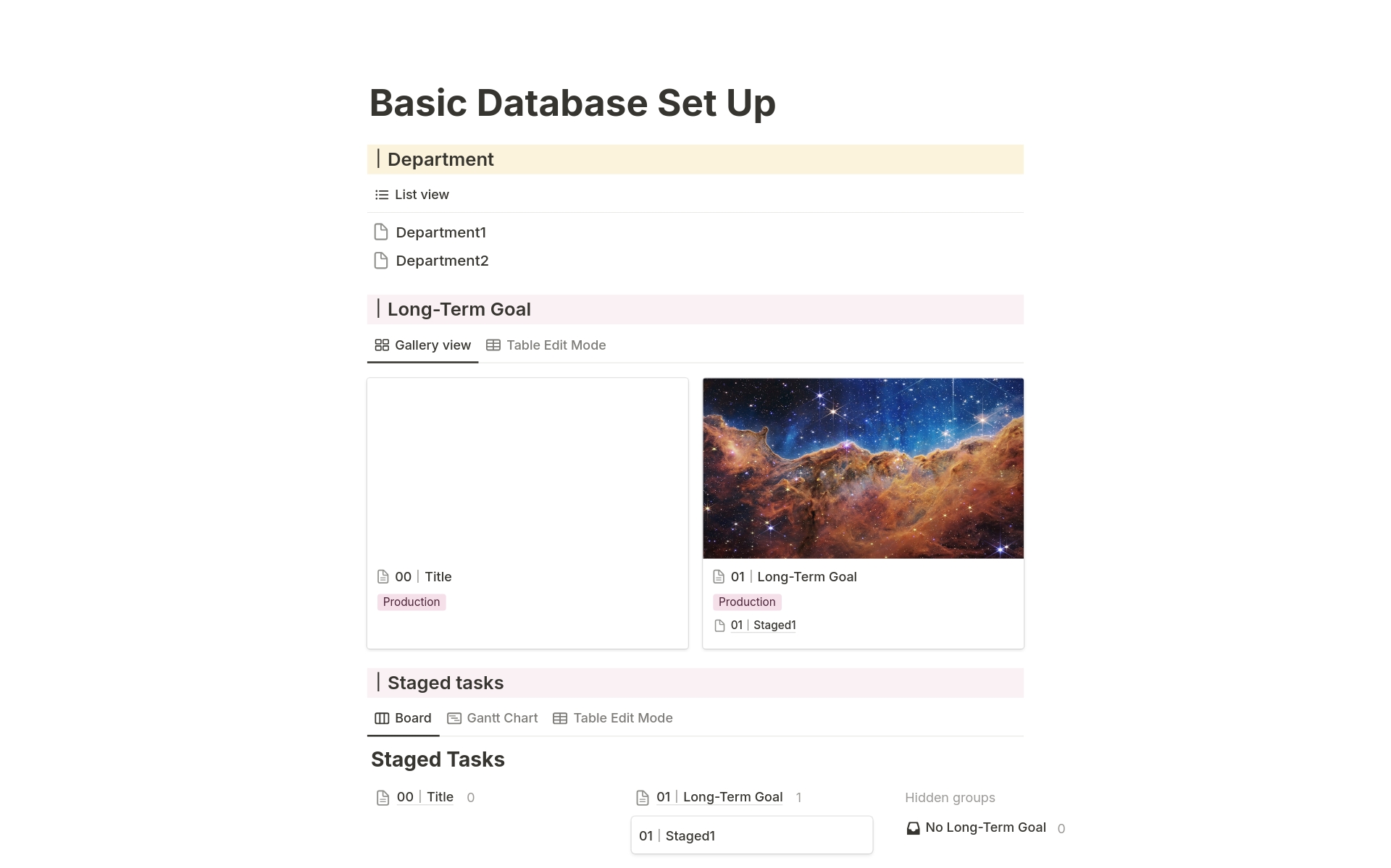 A template preview for Database Set Up for PM