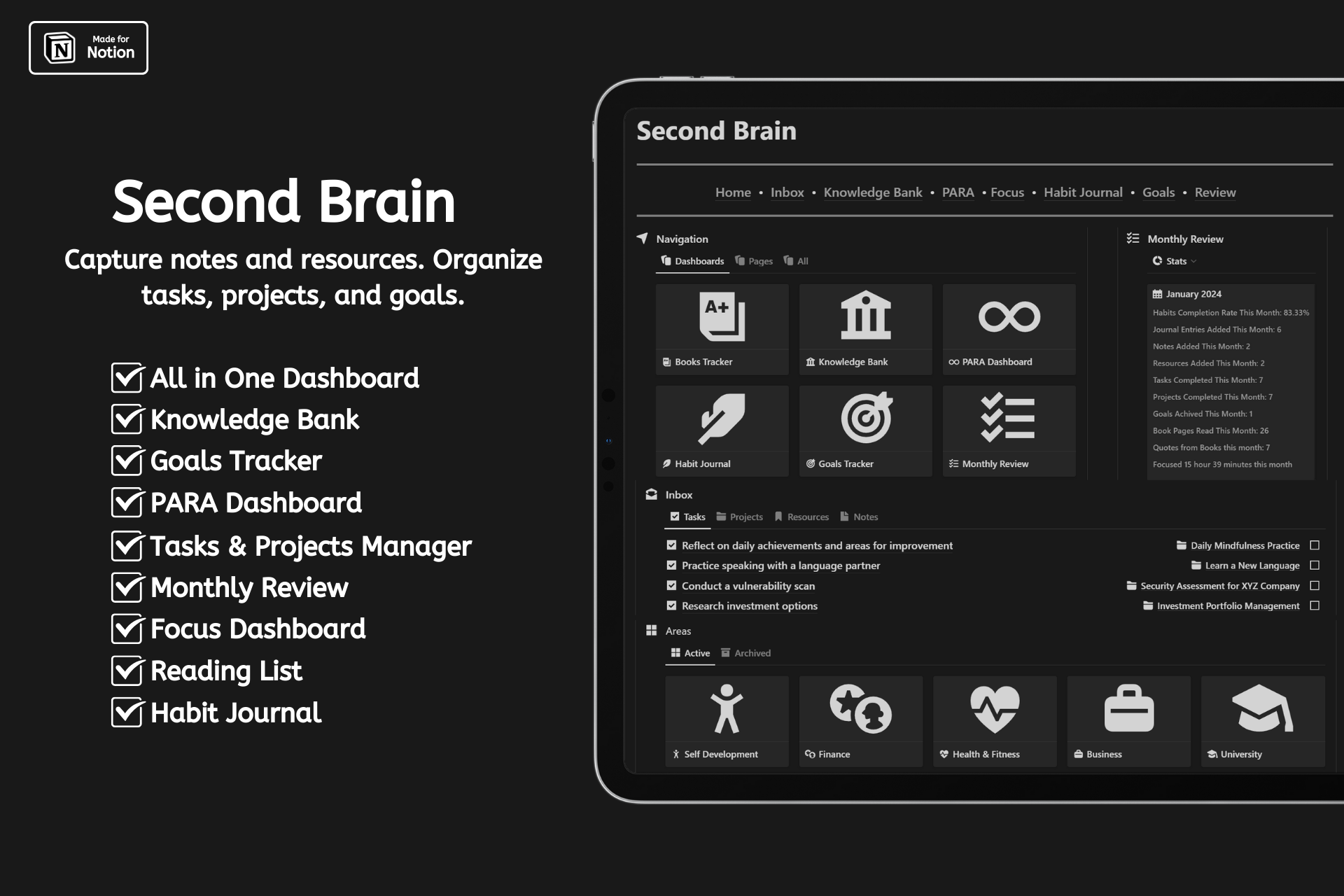 Clear your mind, stay focused, and find balance with our Second Brain template.