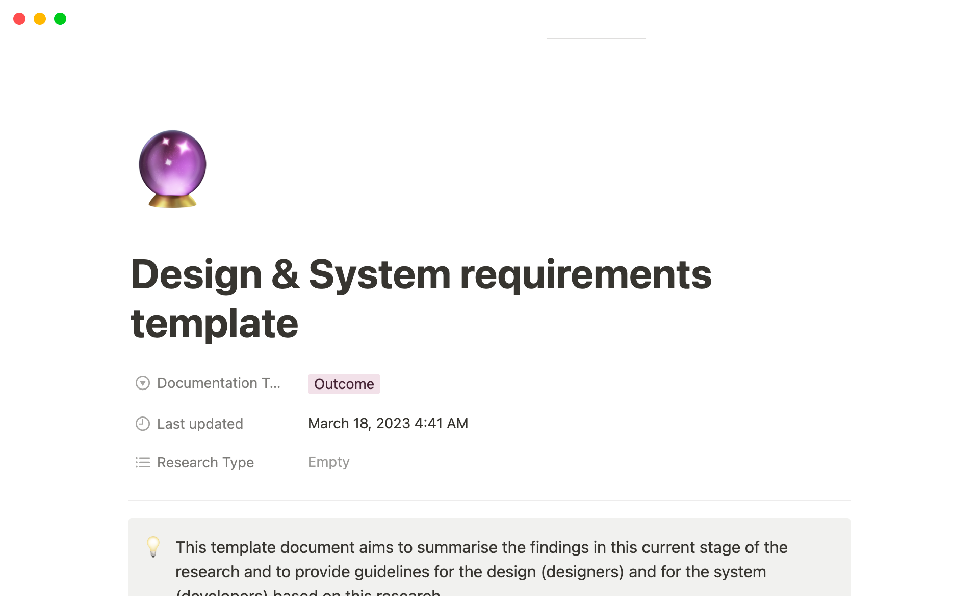 En förhandsgranskning av mallen för Design & System Requirements Template