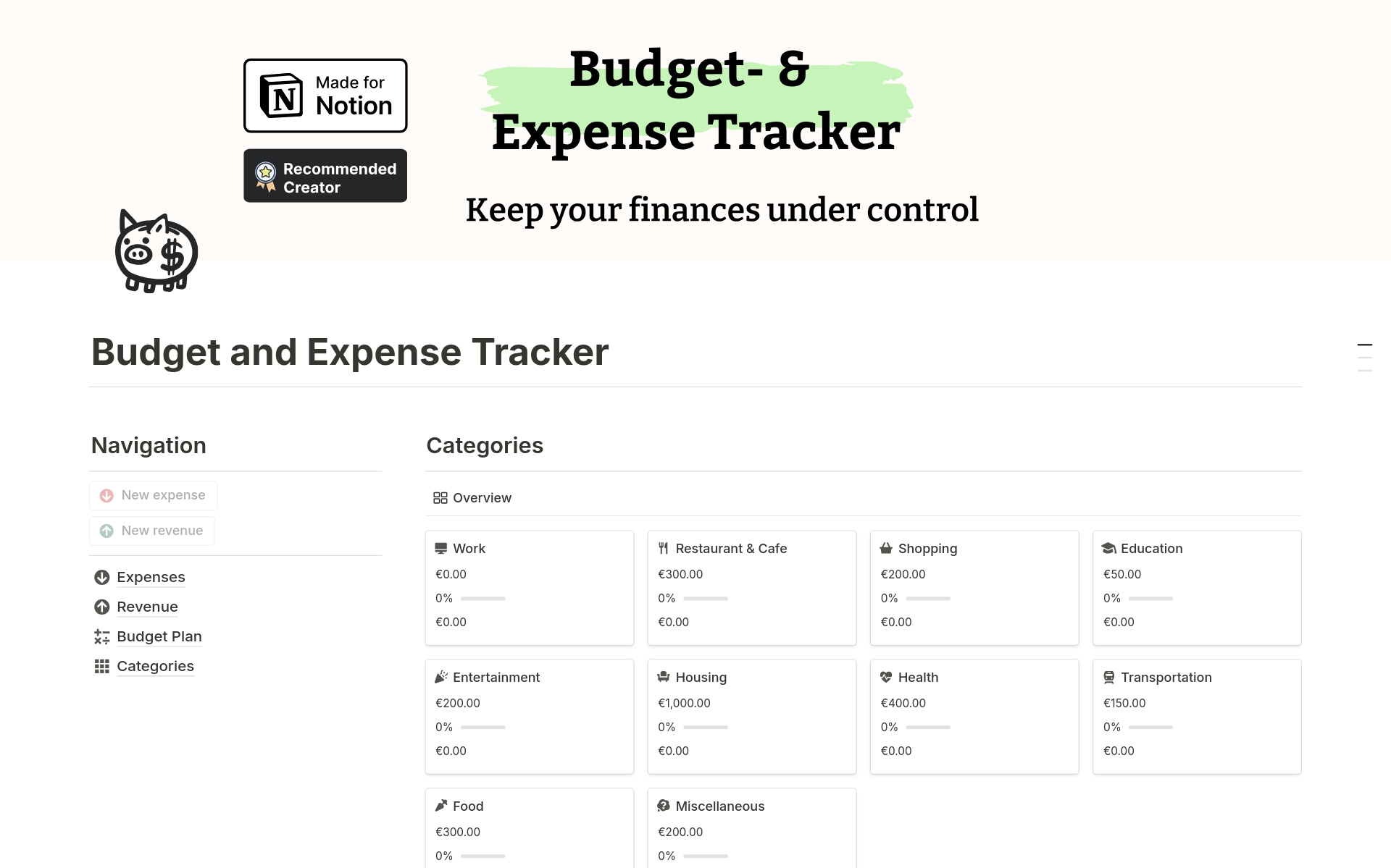 Our Budget and Expense Tracker for Notion is the perfect companion for anyone who wants to stay on top of their finances. With this template you can track your income and expenses, set budgets and achieve your financial goals.