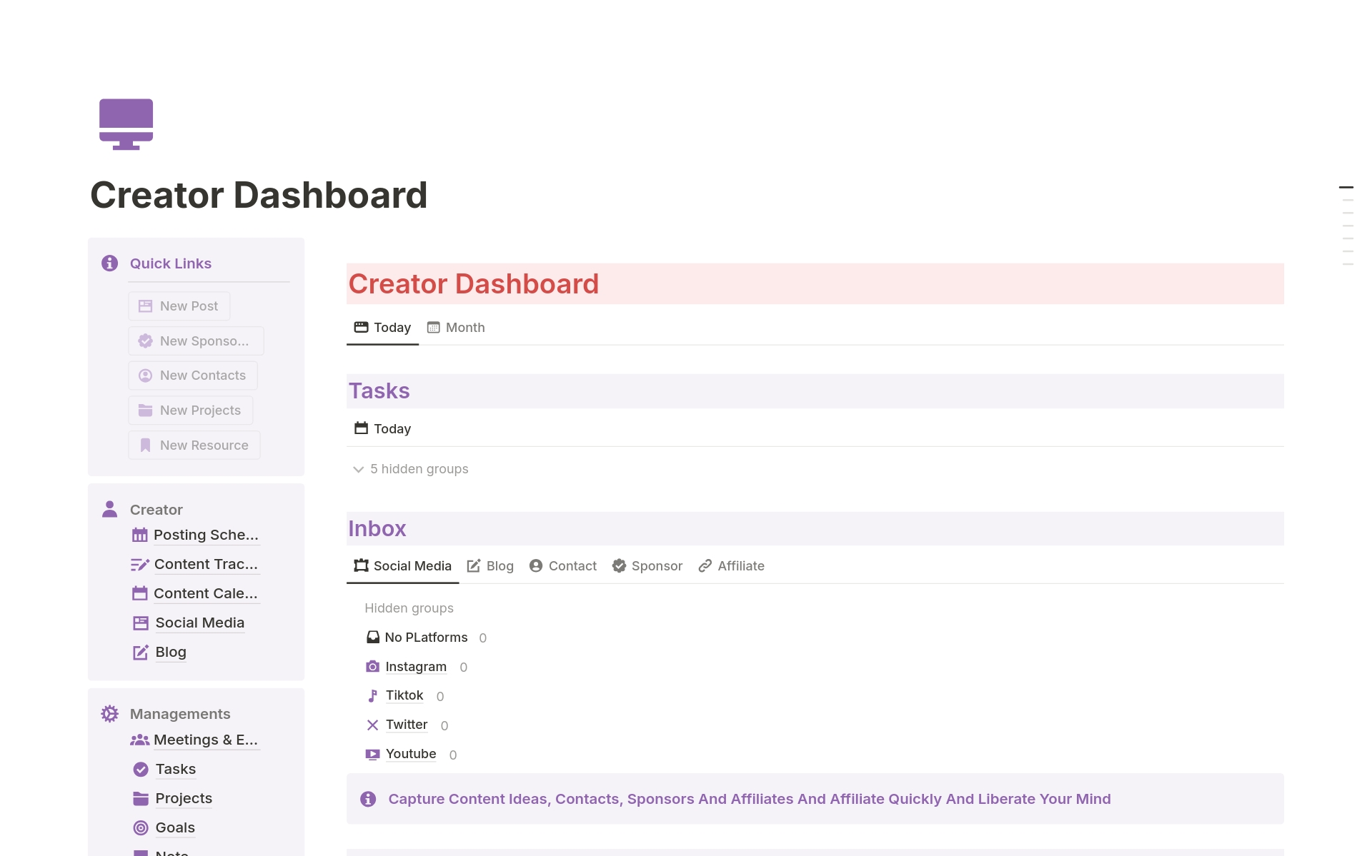 The "Notion Creator Dashboard" is your all-in-one tool for managing projects, tracking goals, handling finances, and optimizing content creation. Streamline your workflow with automated databases and advanced workflows. Perfect for creators looking to maximize efficiency 