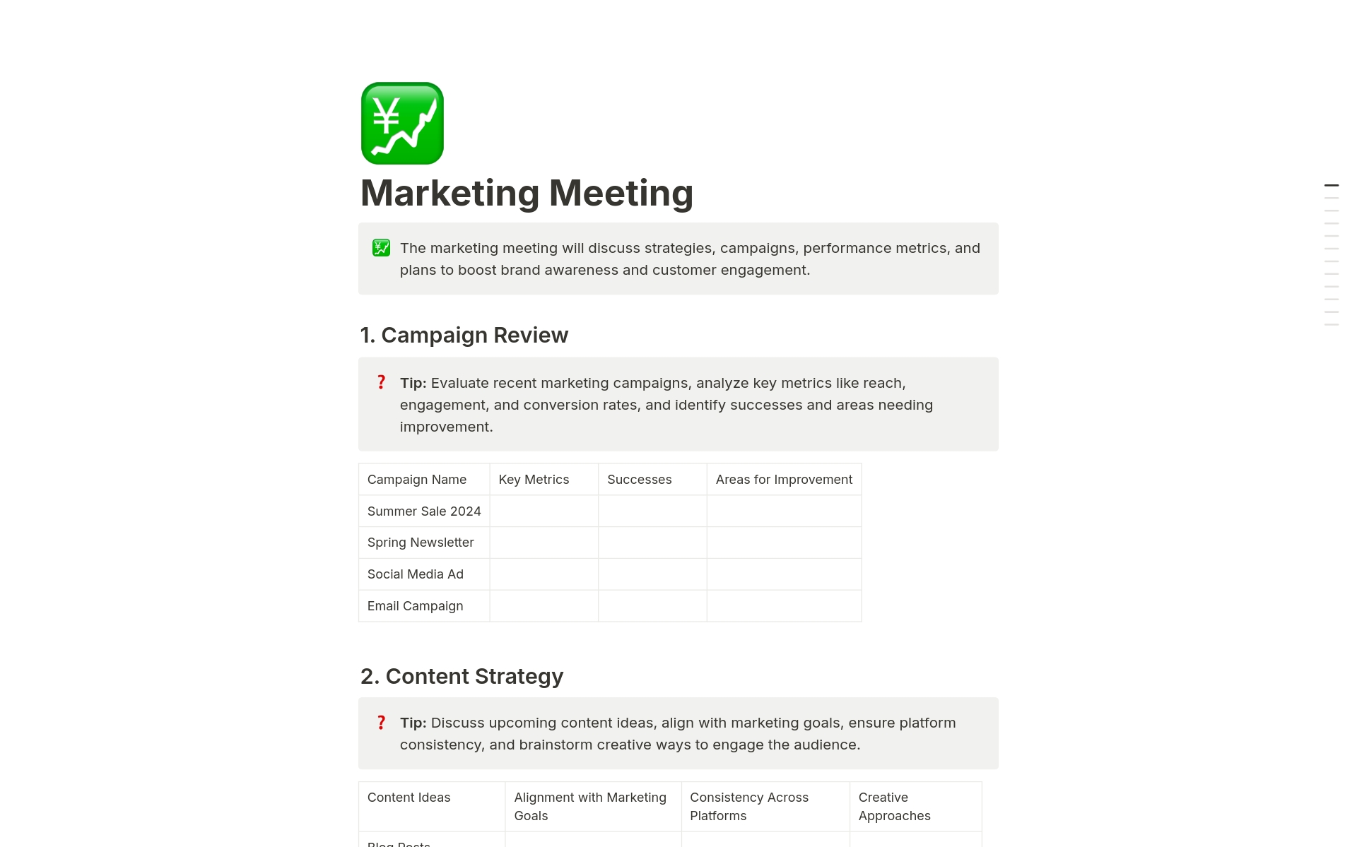 A template preview for Marketing Meeting