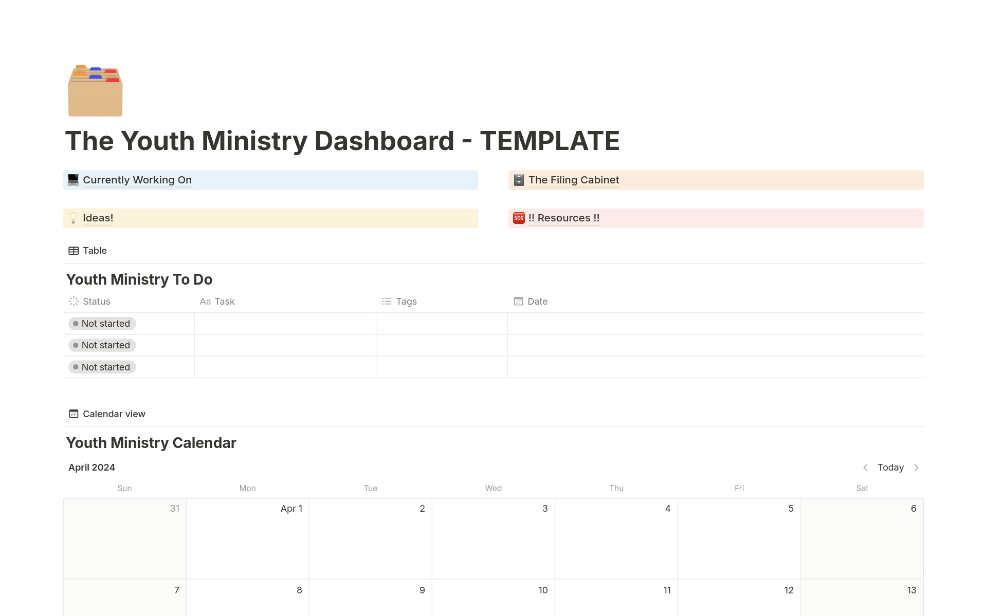 This Template is intended to help Youth Pastors (or other Ministry Leaders) organize their workflow. 