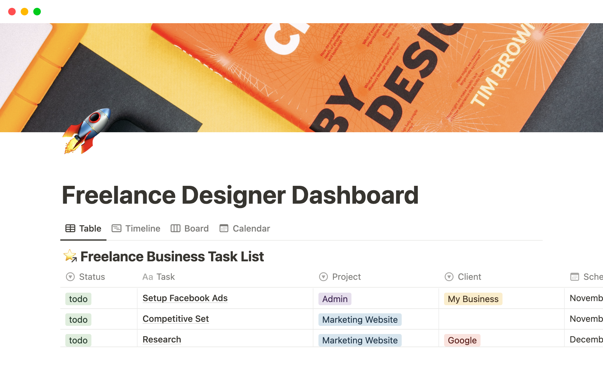 En förhandsgranskning av mallen för Freelance Designer Dashboard