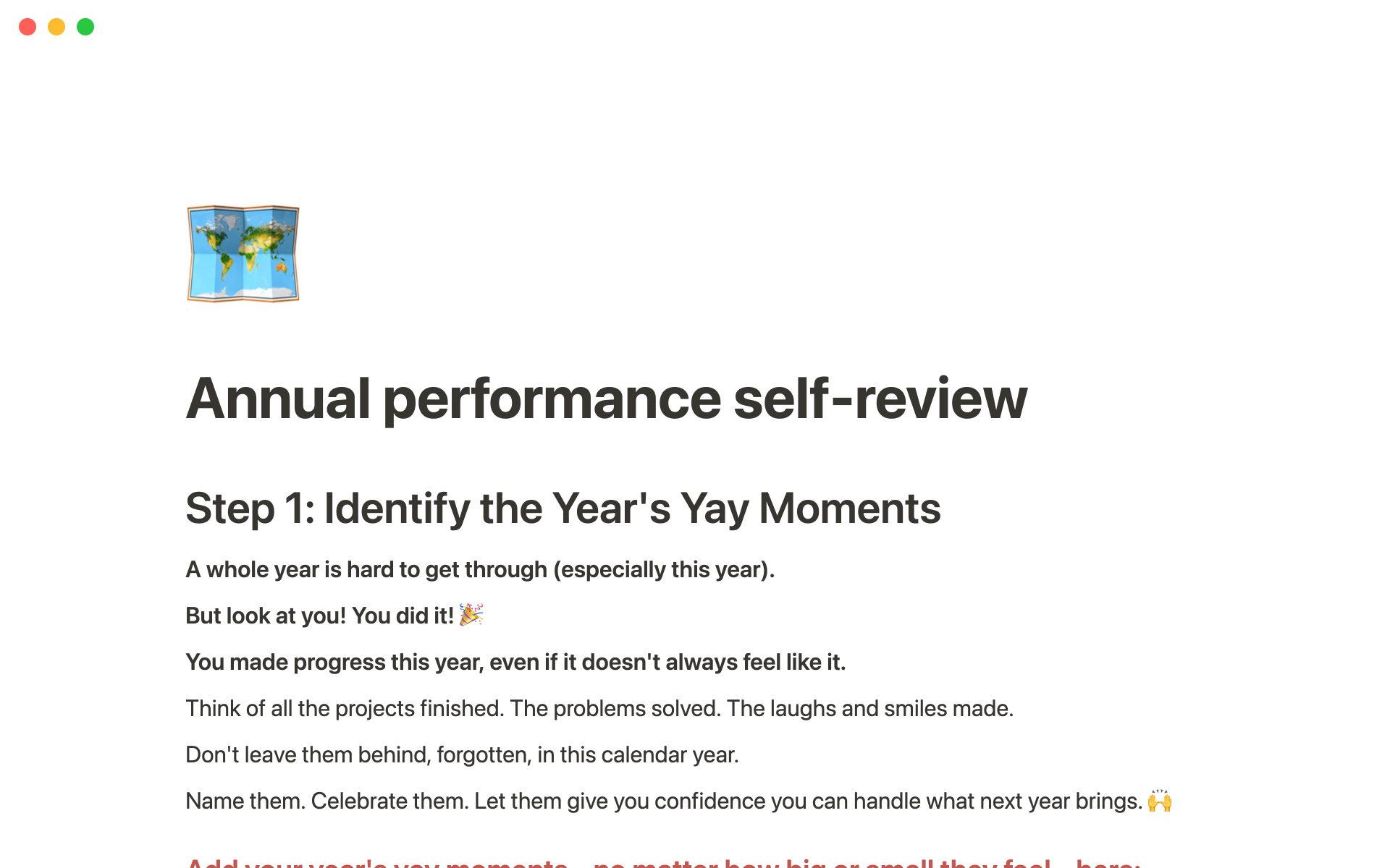 En forhåndsvisning av mal for Annual performance self-review