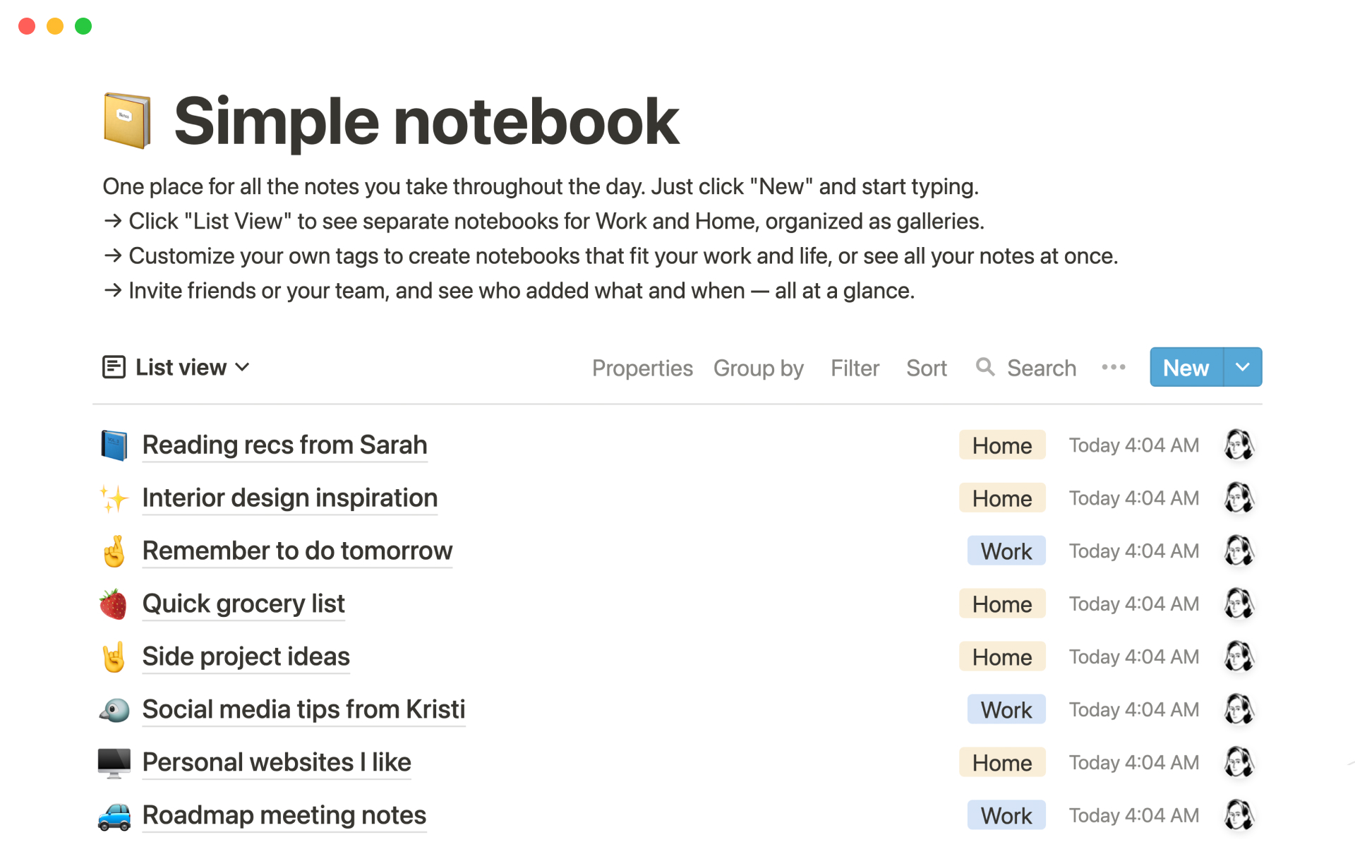 En förhandsgranskning av mallen för Simple notebook