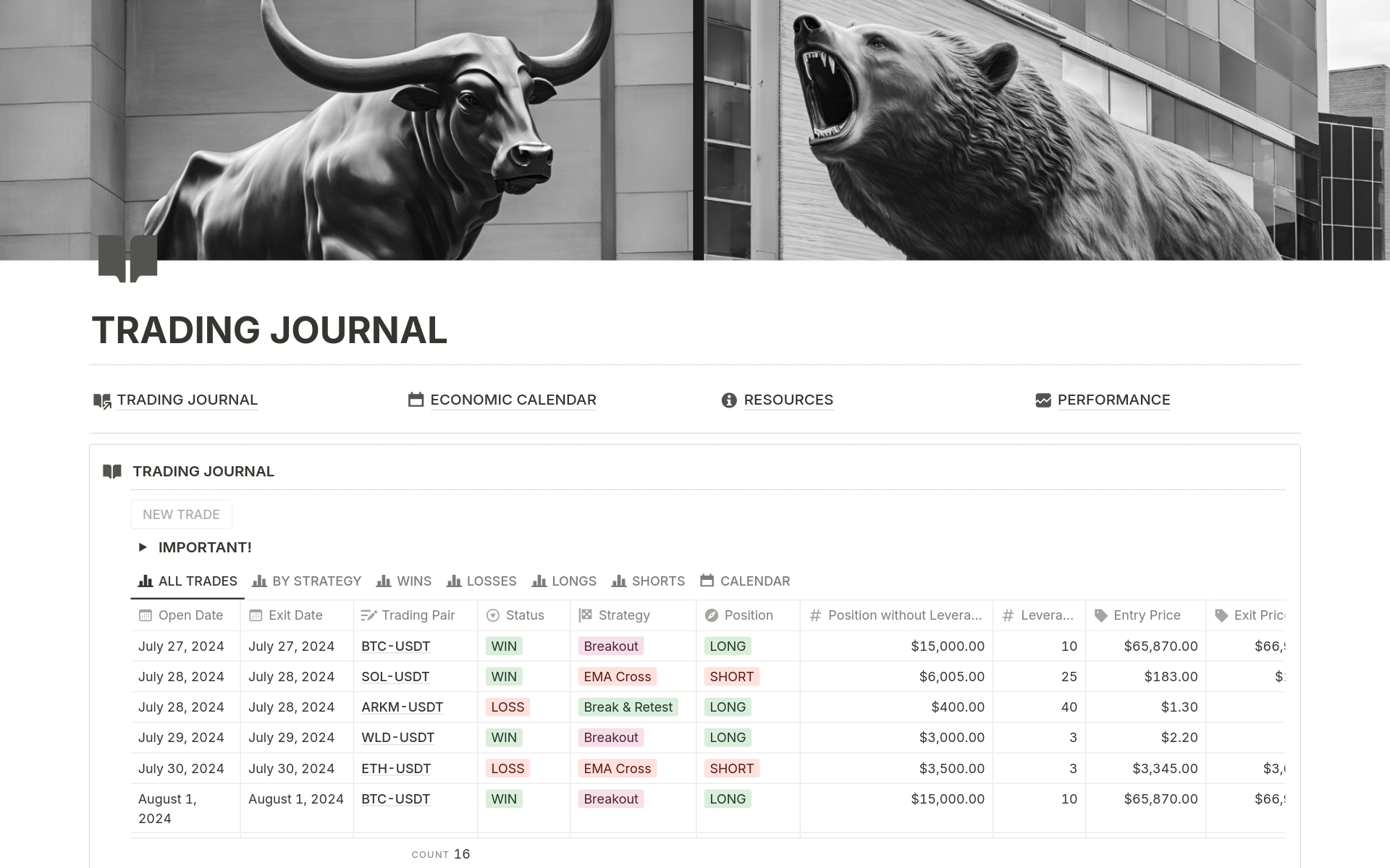 A template preview for Simple Trading Journal