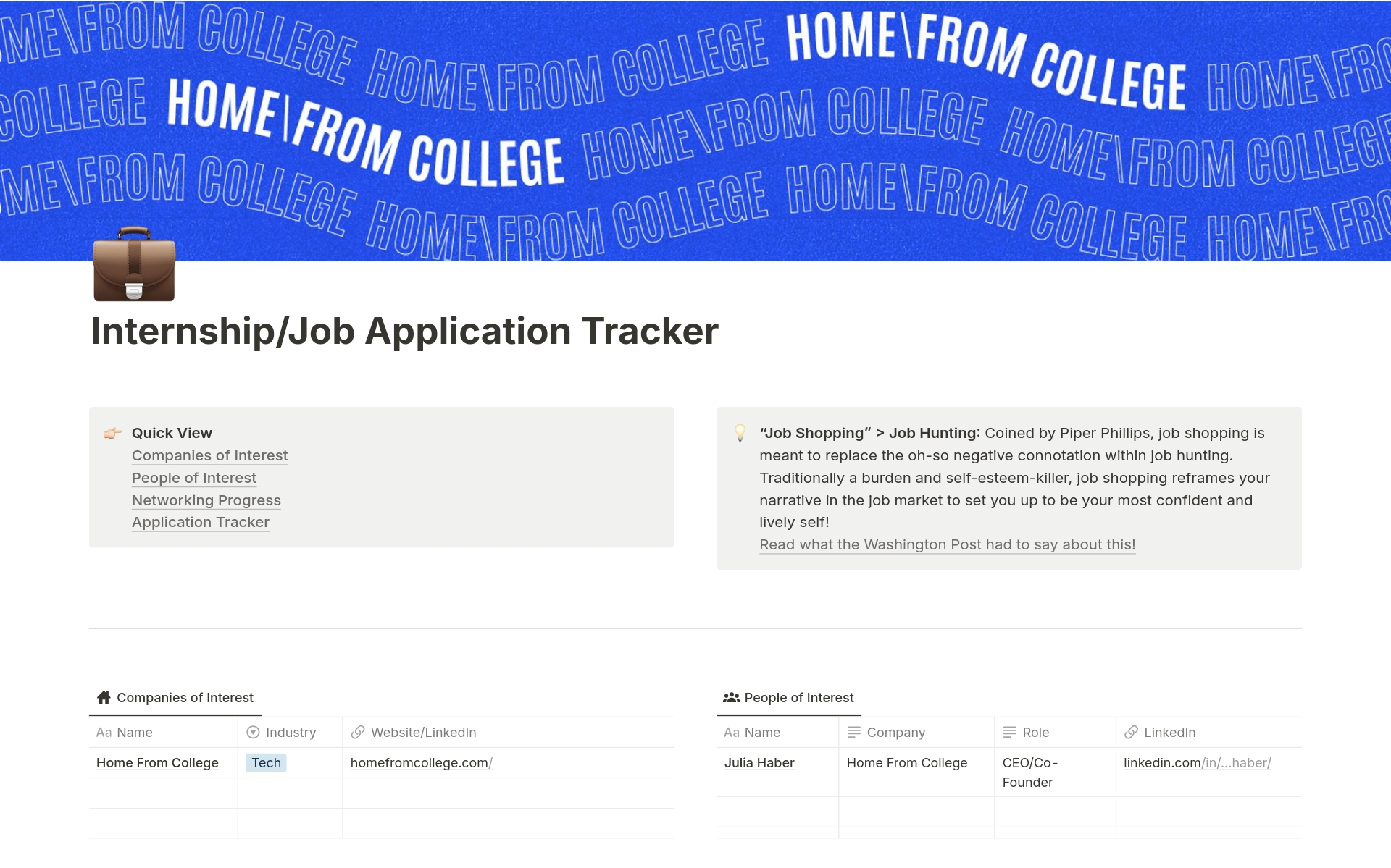 En forhåndsvisning av mal for Internship/Job Application Tracker