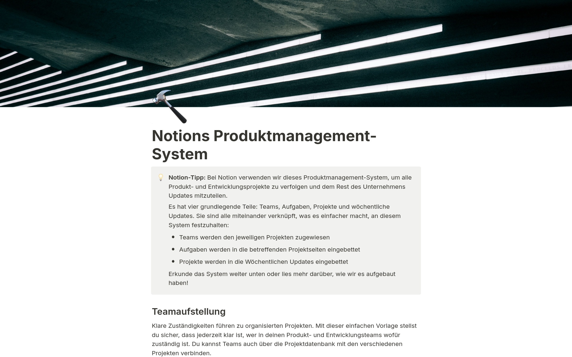 Eine Vorlagenvorschau für Notions Produktmanagement-System