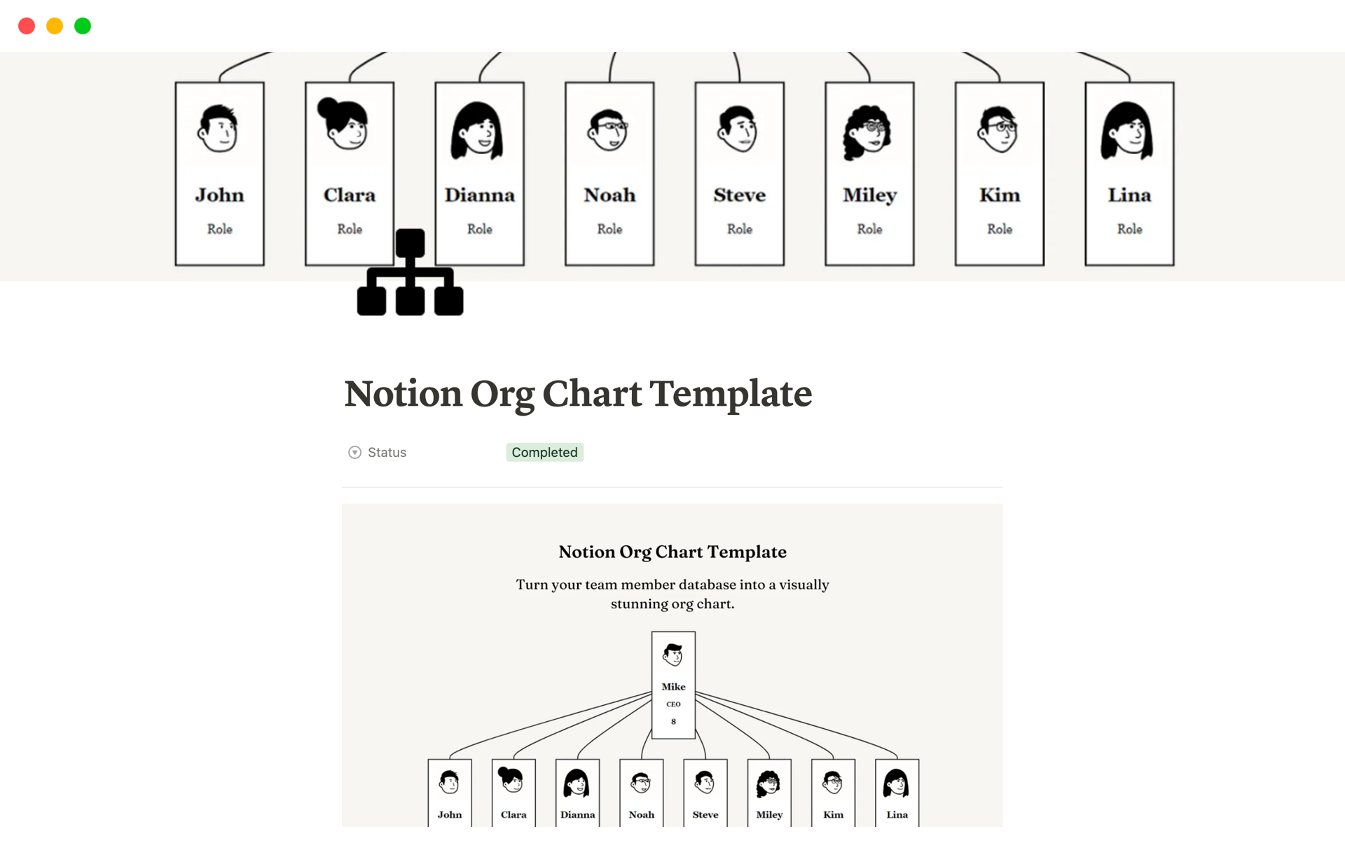 Uma prévia do modelo para Notion Org Chart Template