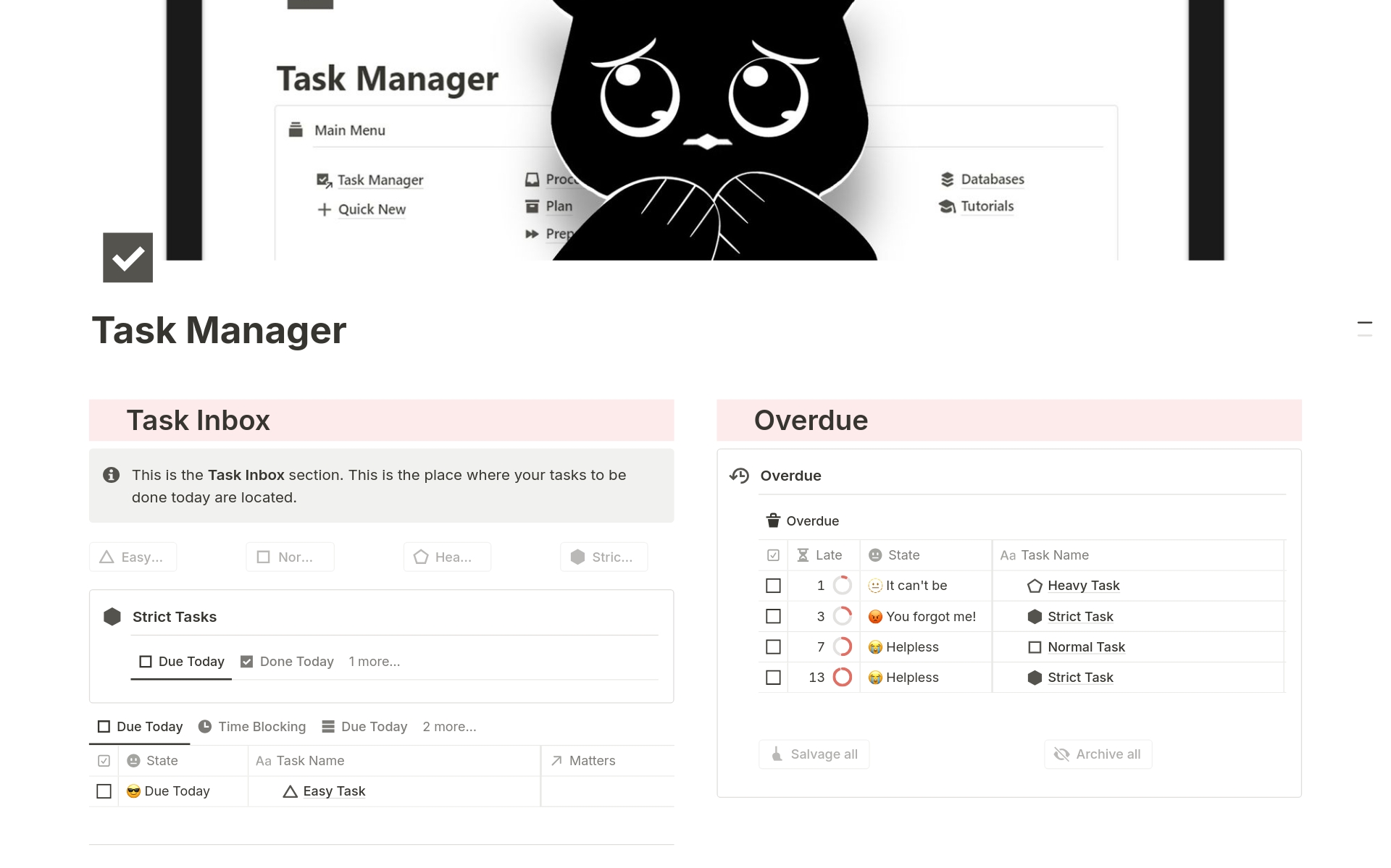 An anti-procrastination Task Manager: Overdue tasks go through 5 stages of grief the longer they are delayed. 🫥 Denial, 😡 Anger, 🥺 Bargaining, 😭 Depression, and 🌚 Acceptance.
