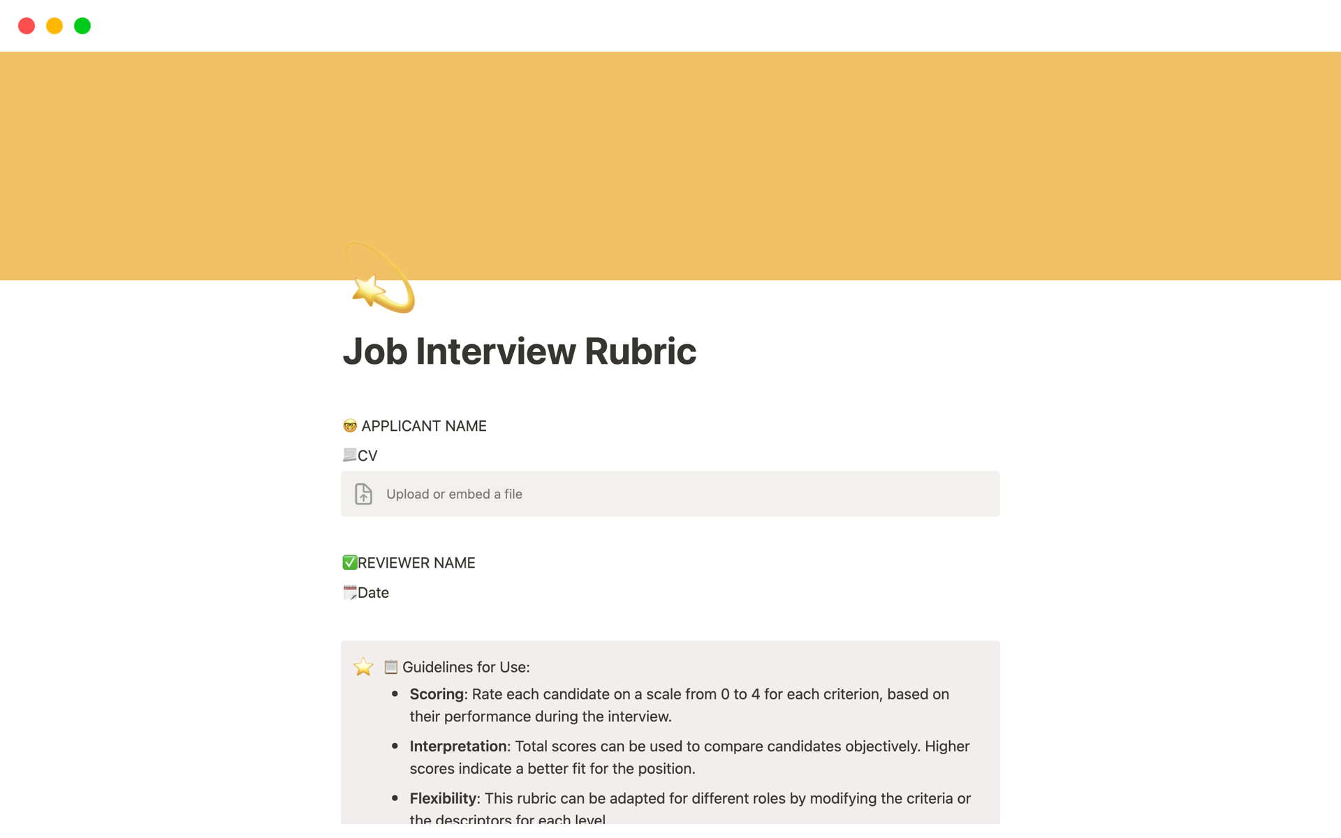 En förhandsgranskning av mallen för Job Interview Rubric