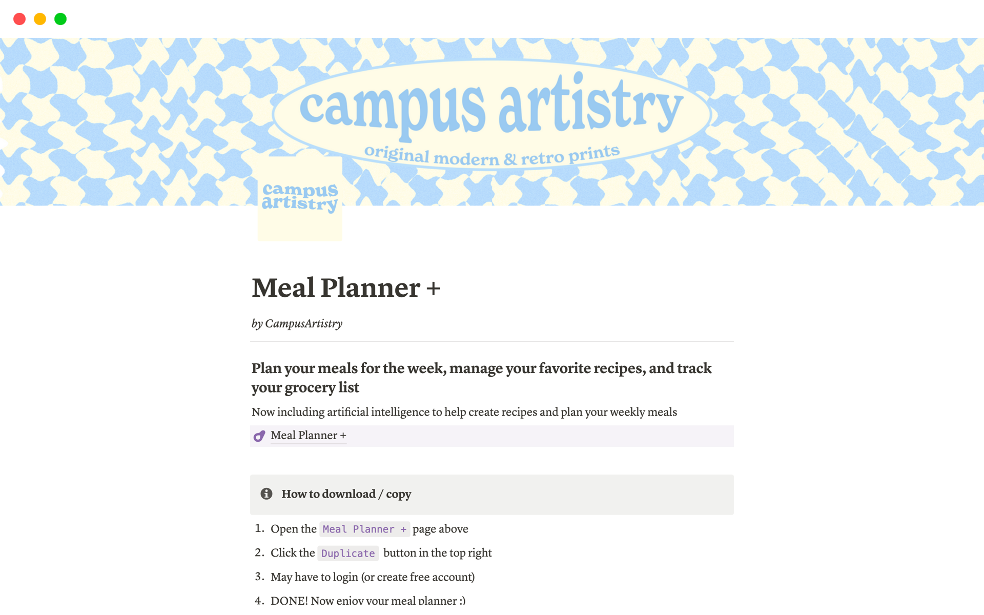 A template preview for Meal Planner +