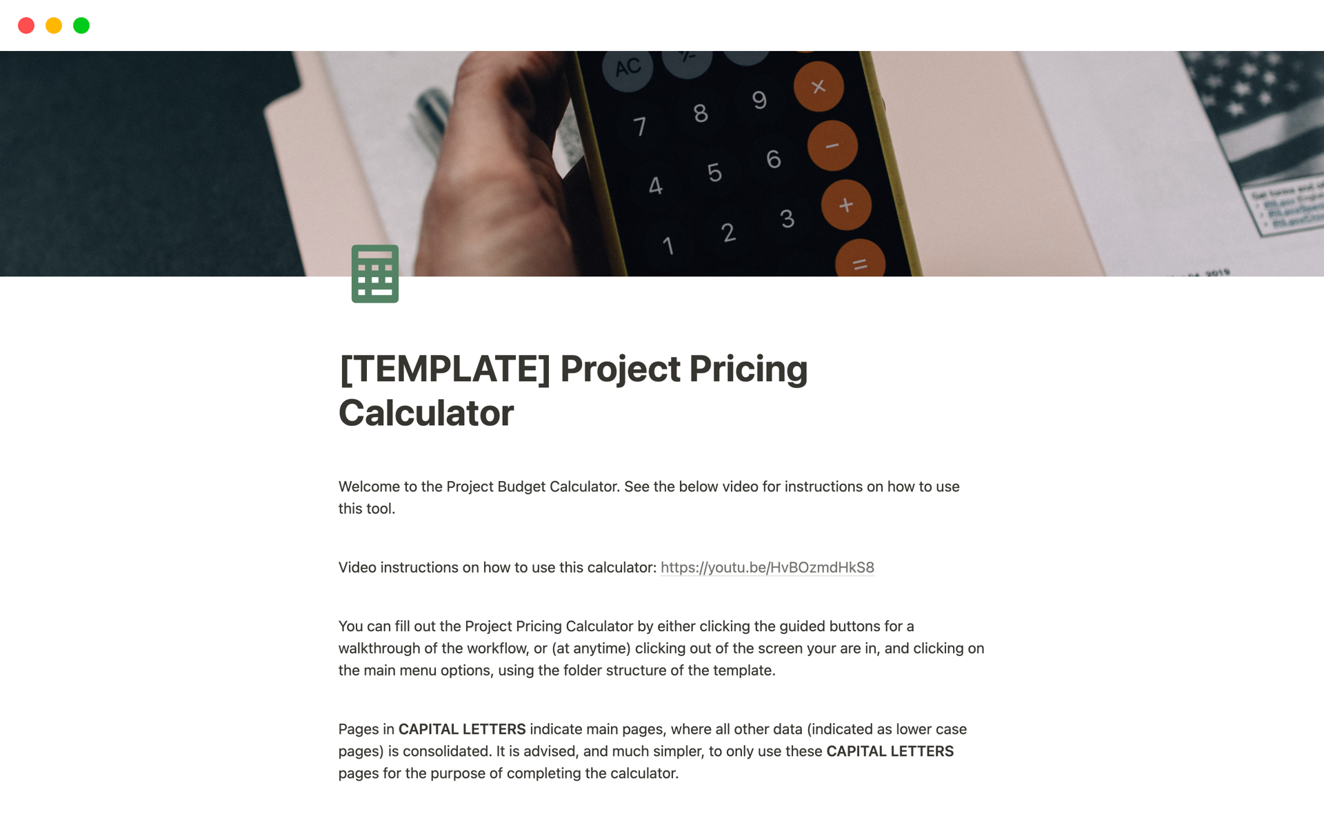 En forhåndsvisning av mal for Project Pricing Calculator
