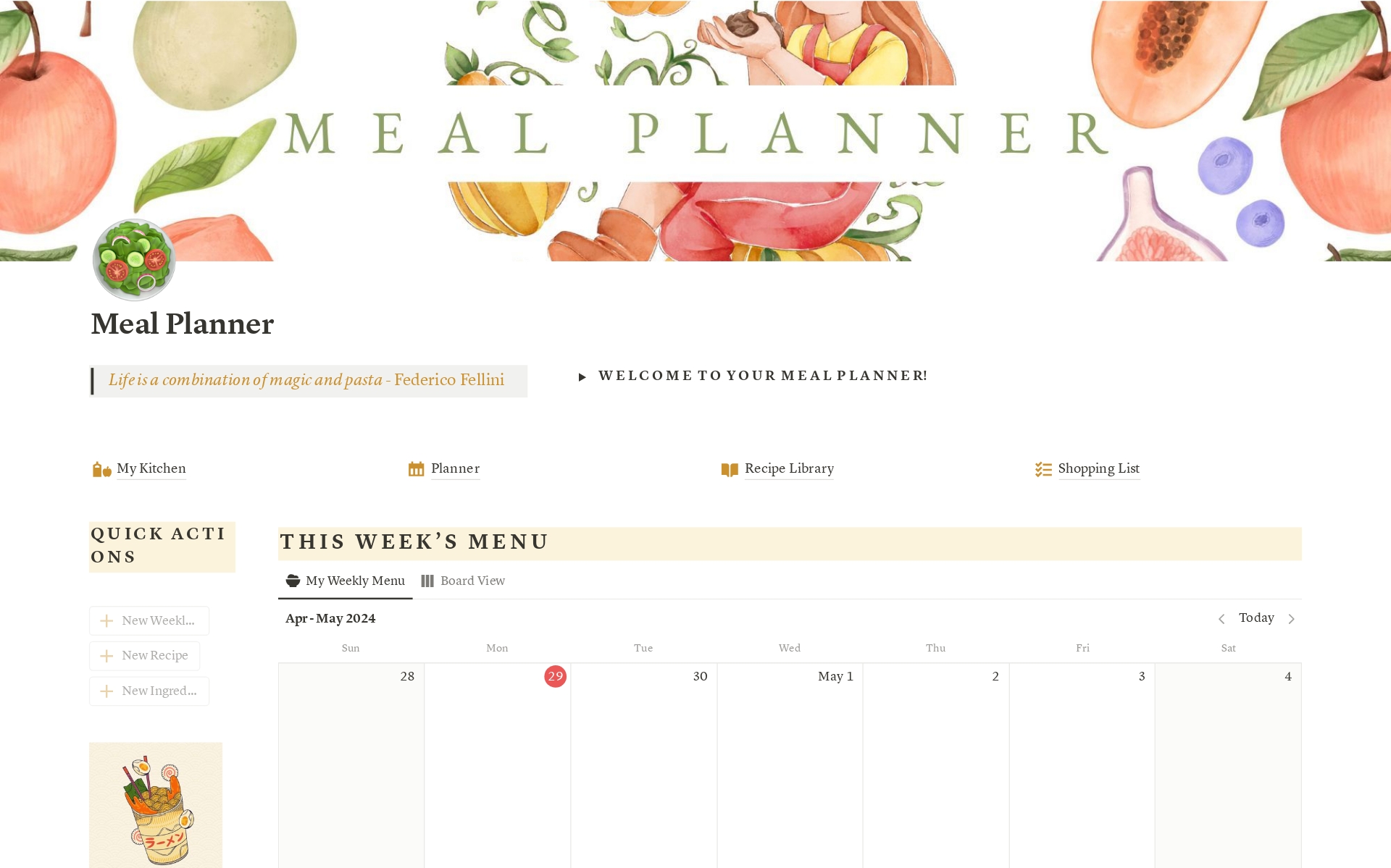 En förhandsgranskning av mallen för Meal Planner & Recipe Library