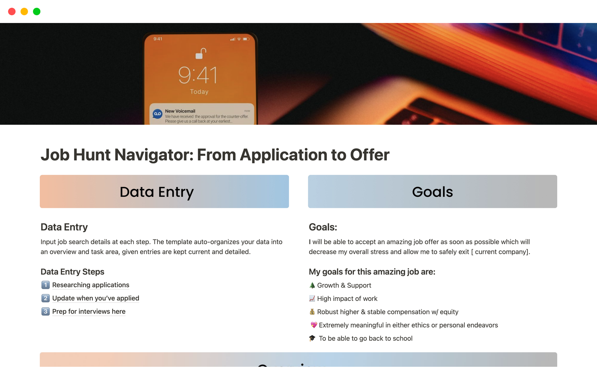 Uma prévia do modelo para Job Hunt Navigator: From Application to Offer