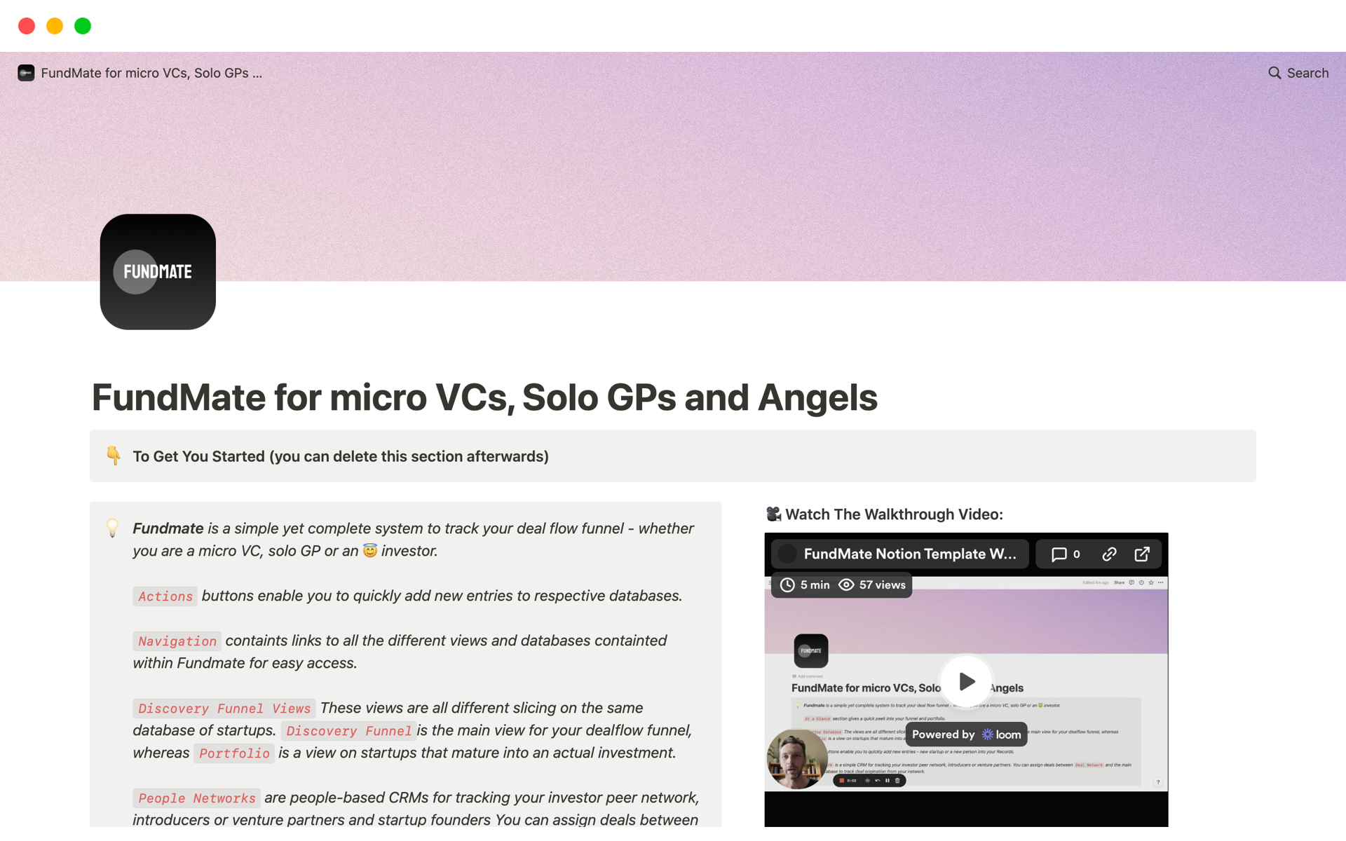 A template preview for FundMate - CRM for micro VCs, solo GPs and angels