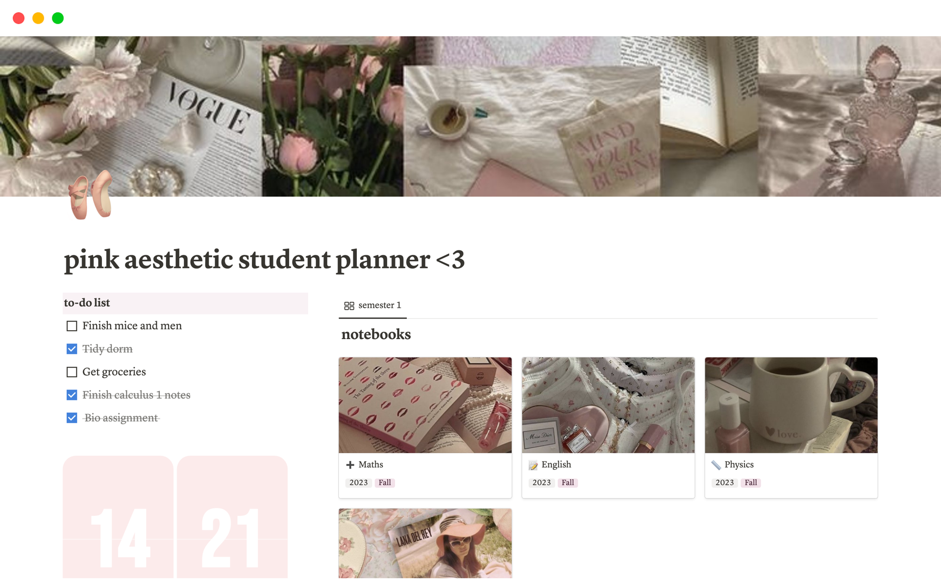 En förhandsgranskning av mallen för Pink coquette aesthetic student planner