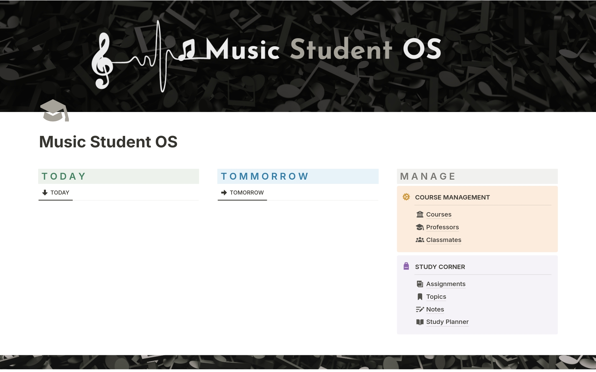 A music-themed student planner dashboard made with love in Notion.