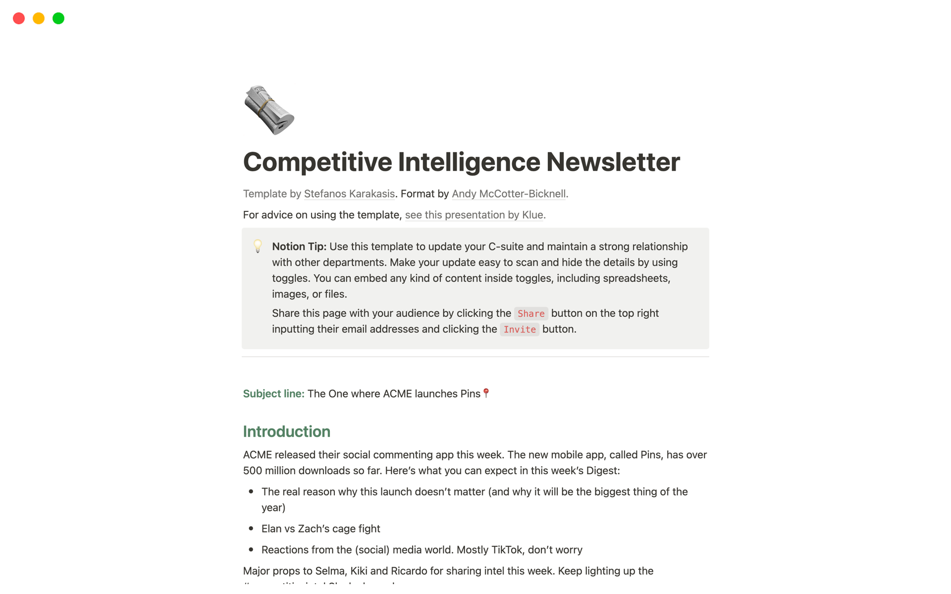 Uma prévia do modelo para Competitive Intelligence Newsletter