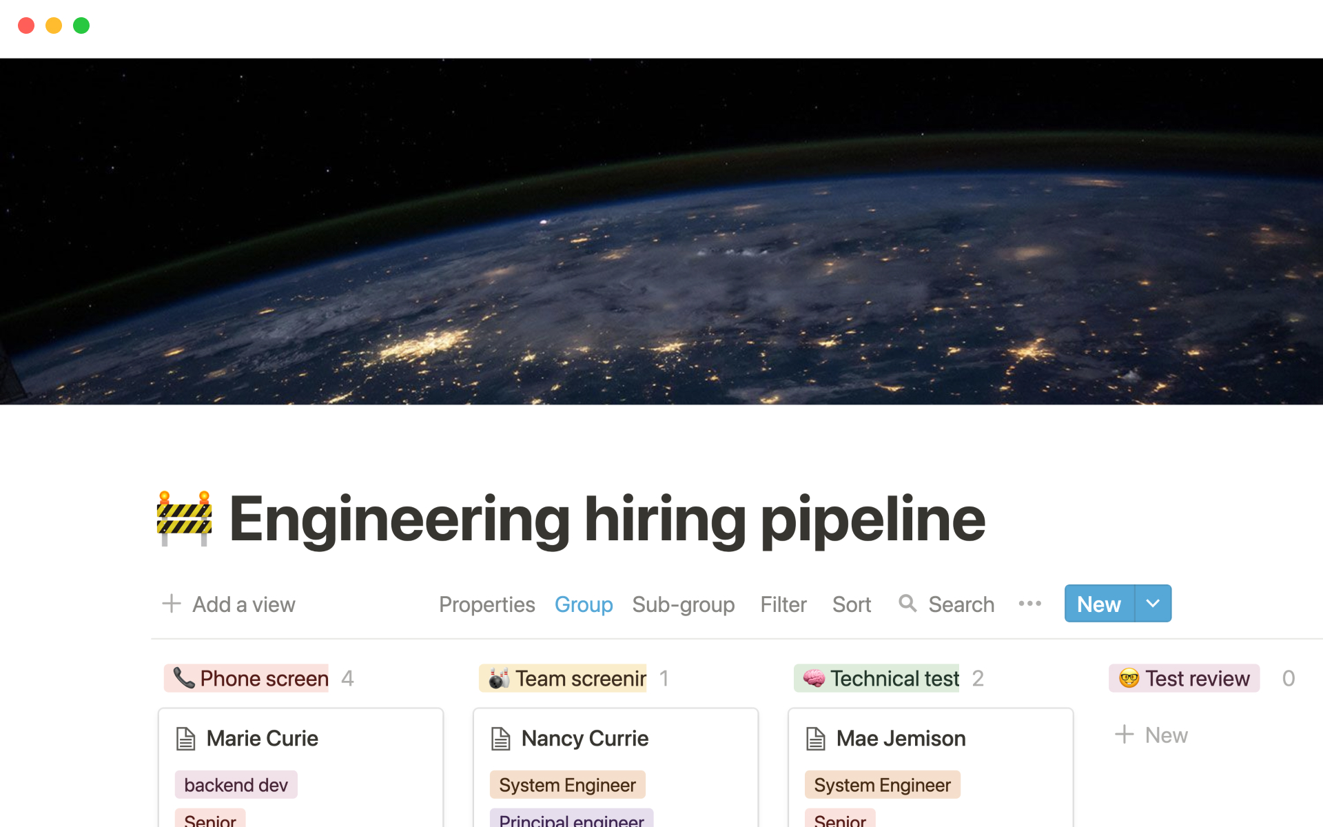 En forhåndsvisning av mal for Engineering hiring pipeline