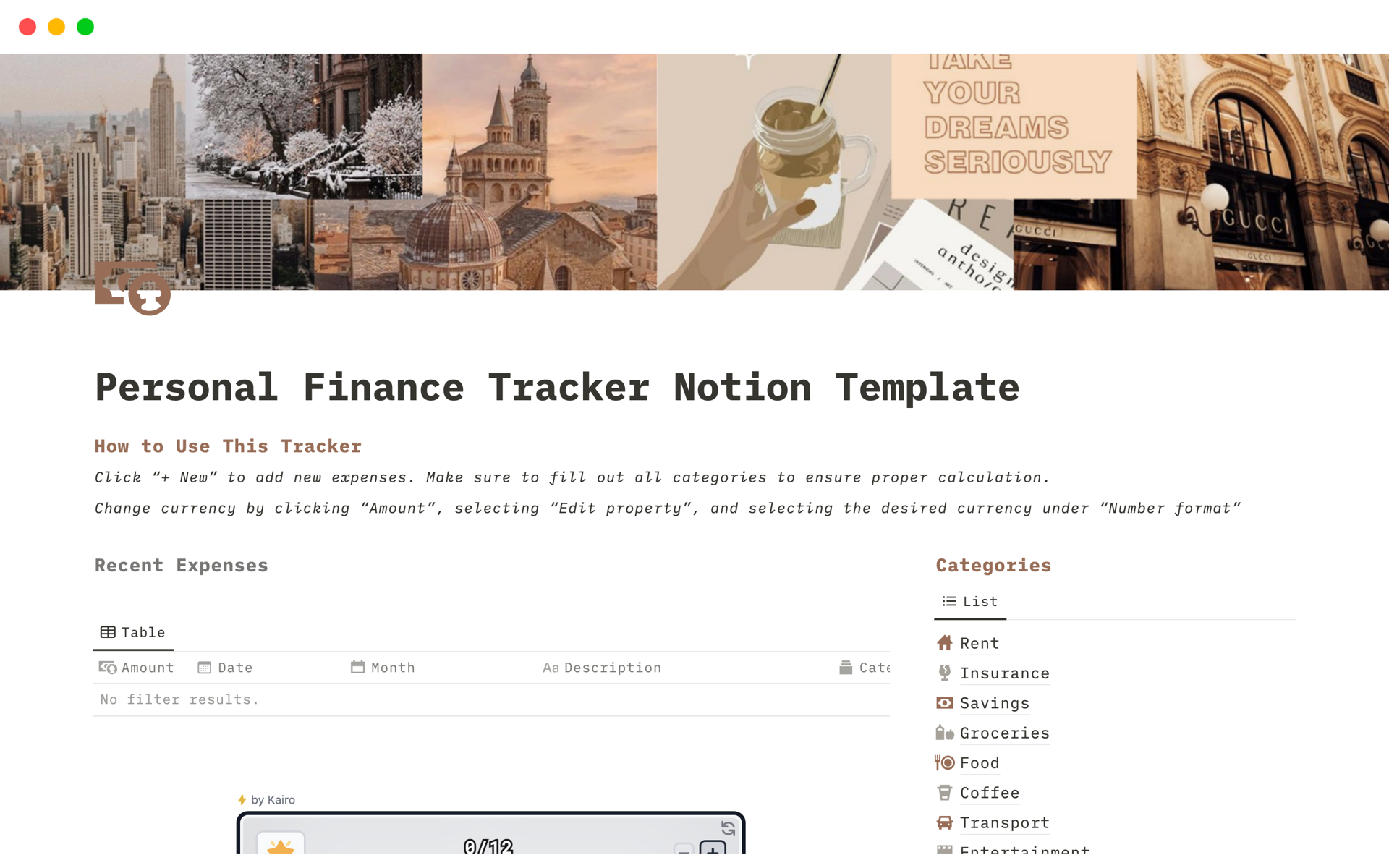 En förhandsgranskning av mallen för Personal Finance Tracker