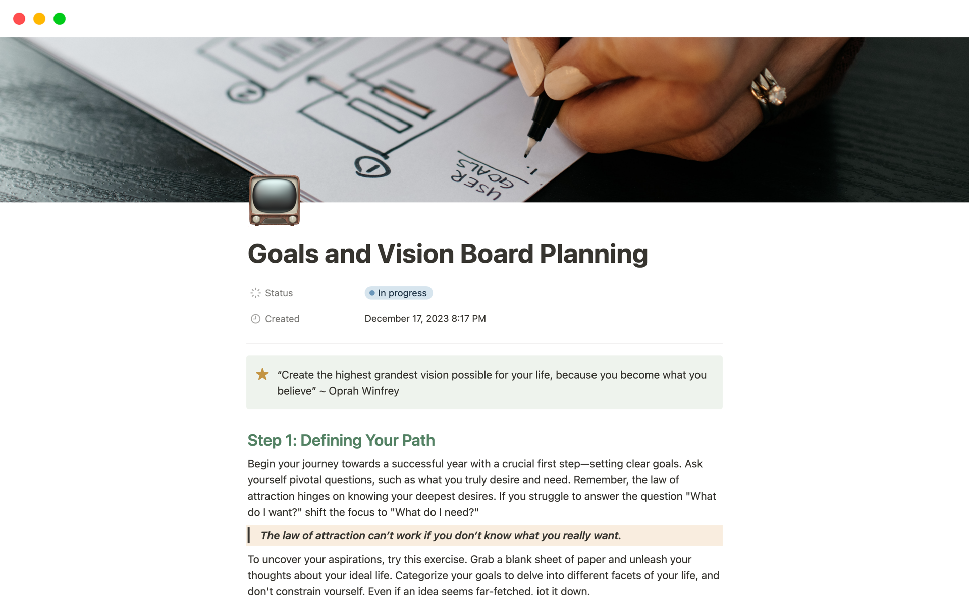 En förhandsgranskning av mallen för Goals and Vision Board Planning