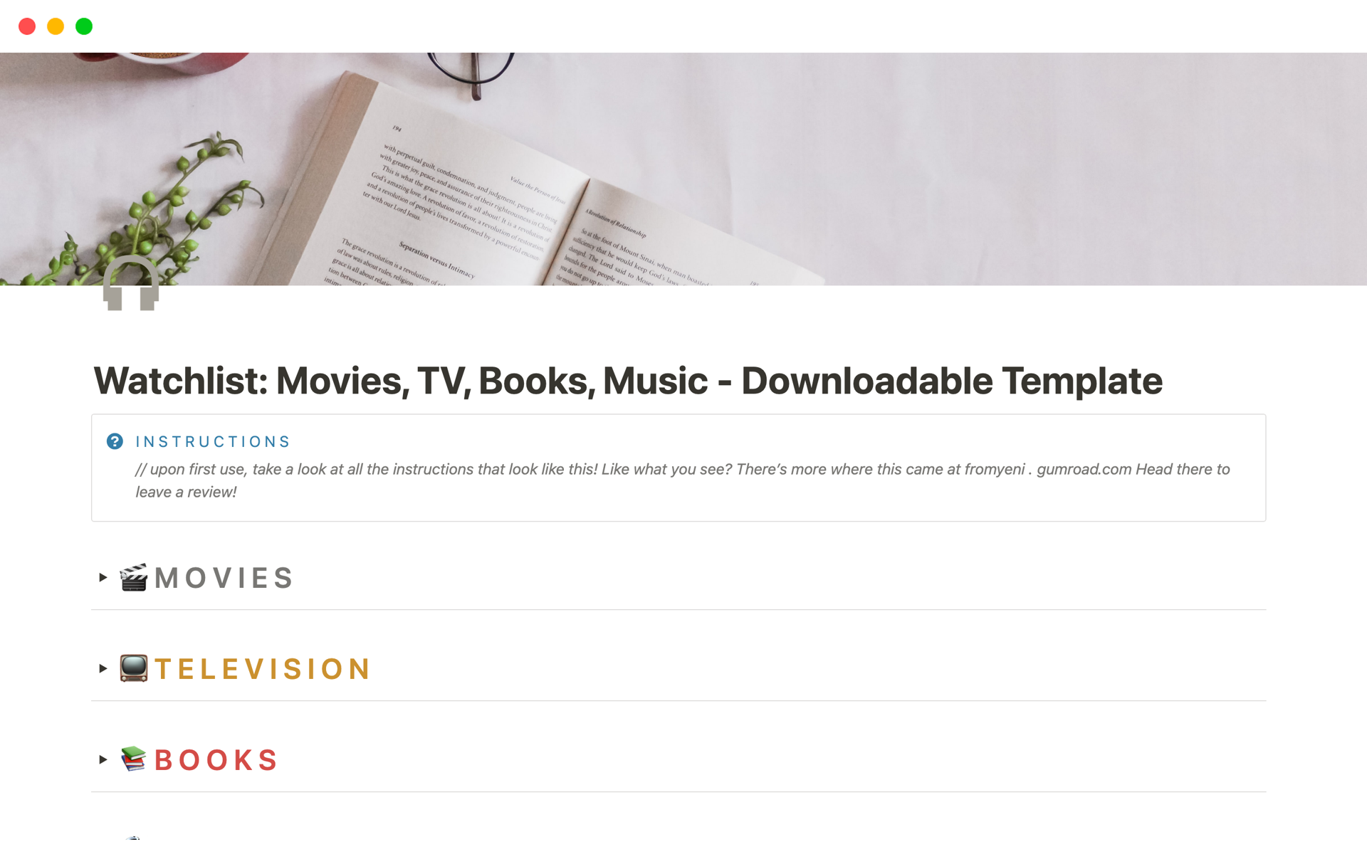 En förhandsgranskning av mallen för Watchlist: Movies, TV, Books, Music
