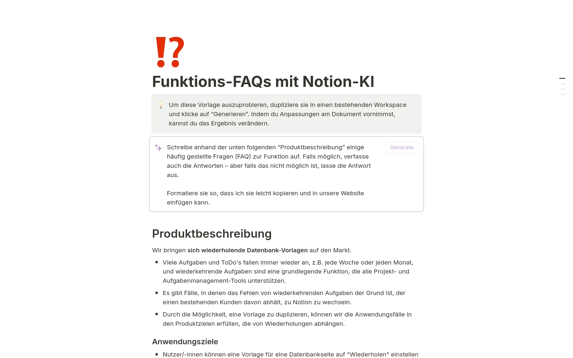 Eine Vorlagenvorschau für Funktions-FAQs mit Notion-KI