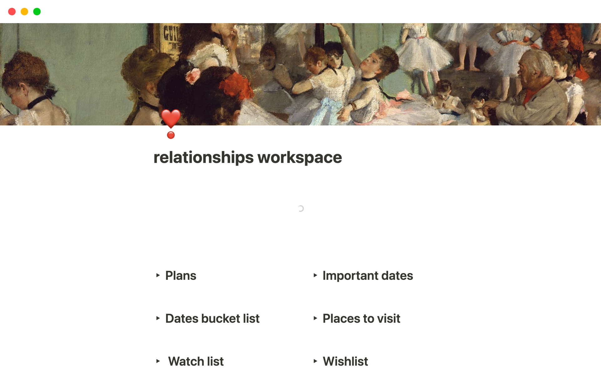 En förhandsgranskning av mallen för Relationships workspace
