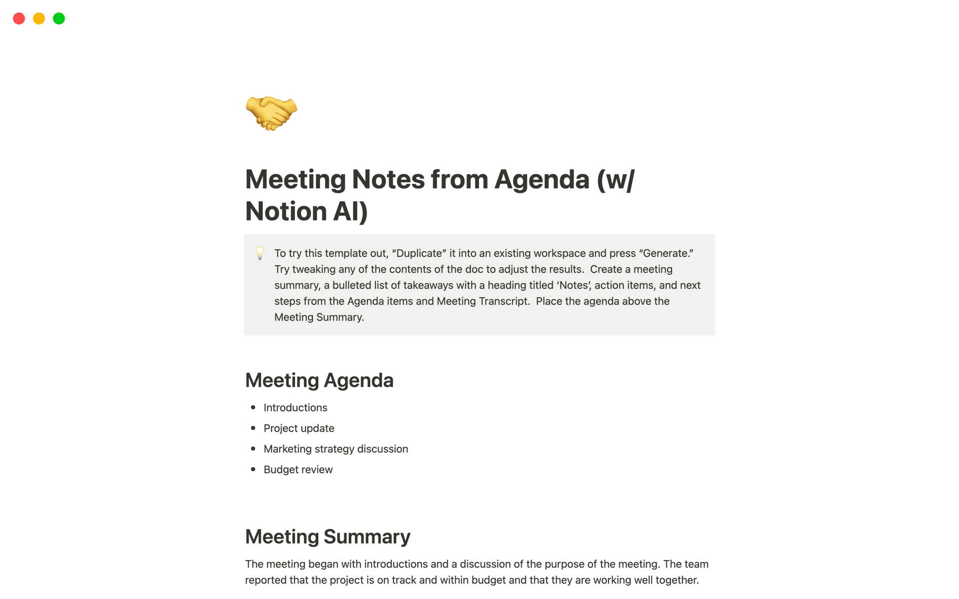 Mallin esikatselu nimelle Meeting Notes from Agenda (w/ Notion AI)