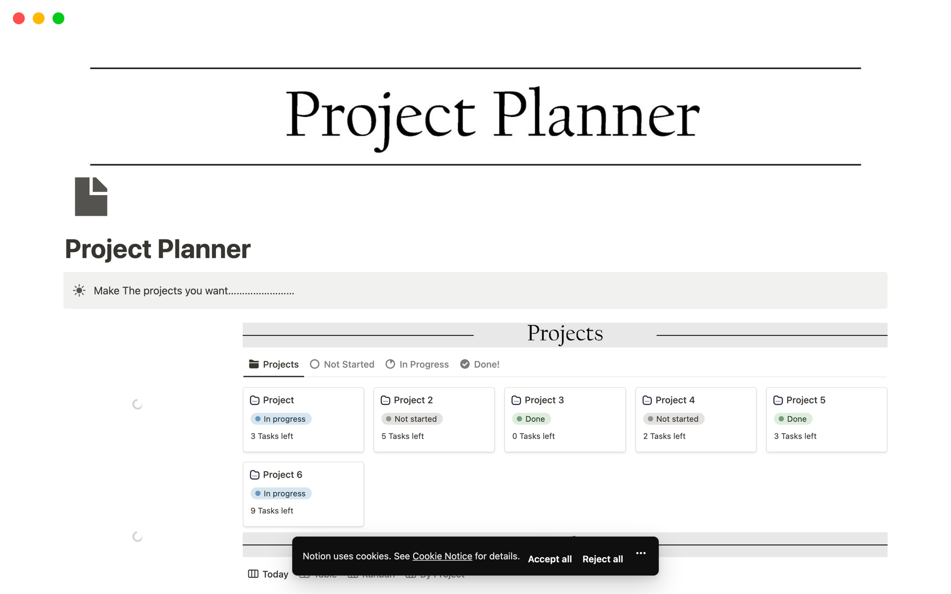 Template for Notion to plan and organize various projects in the best possible way to ensure perfect organization and smooth workflow to meet all tasks.