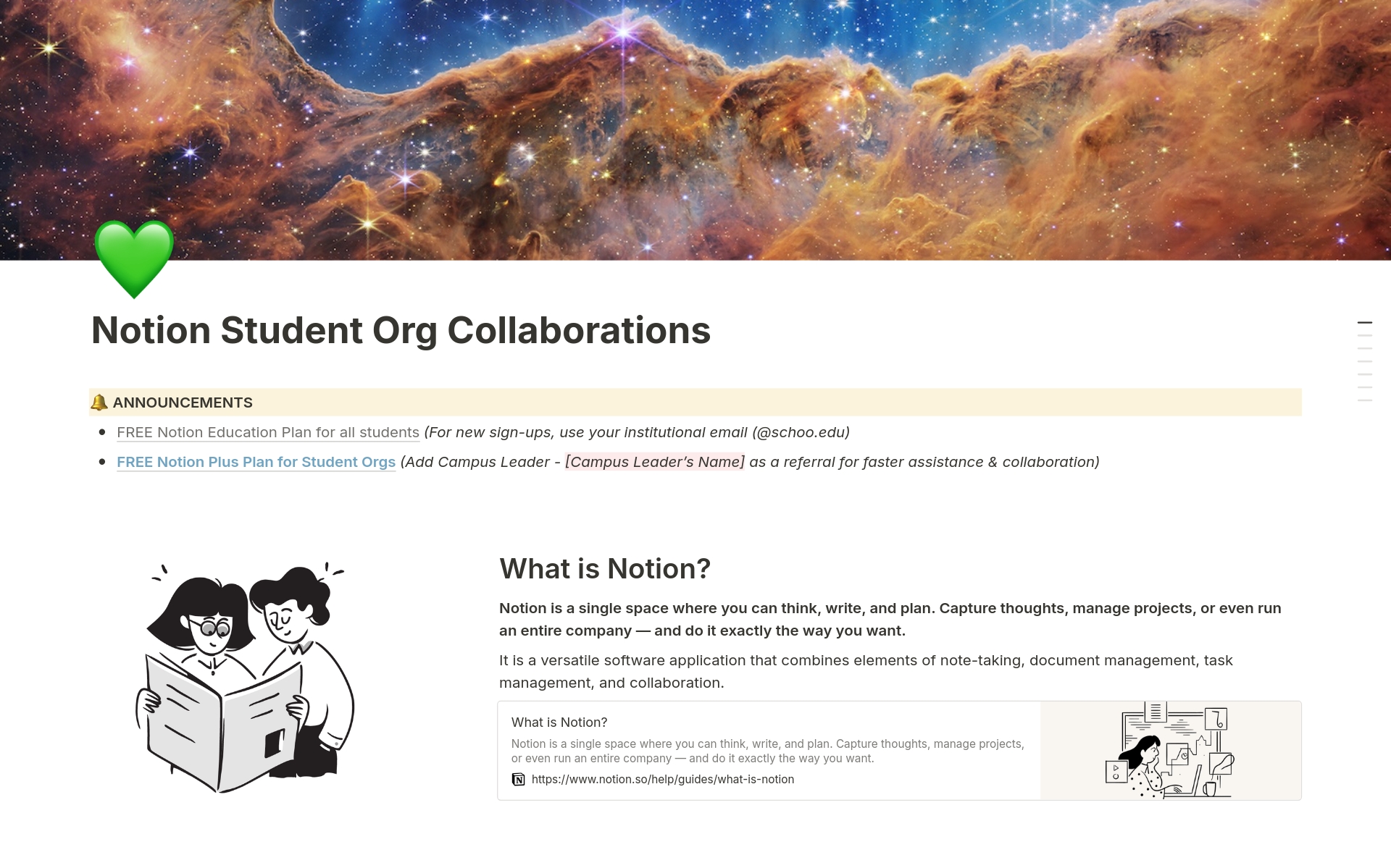 En forhåndsvisning av mal for Student Org Collaborations
