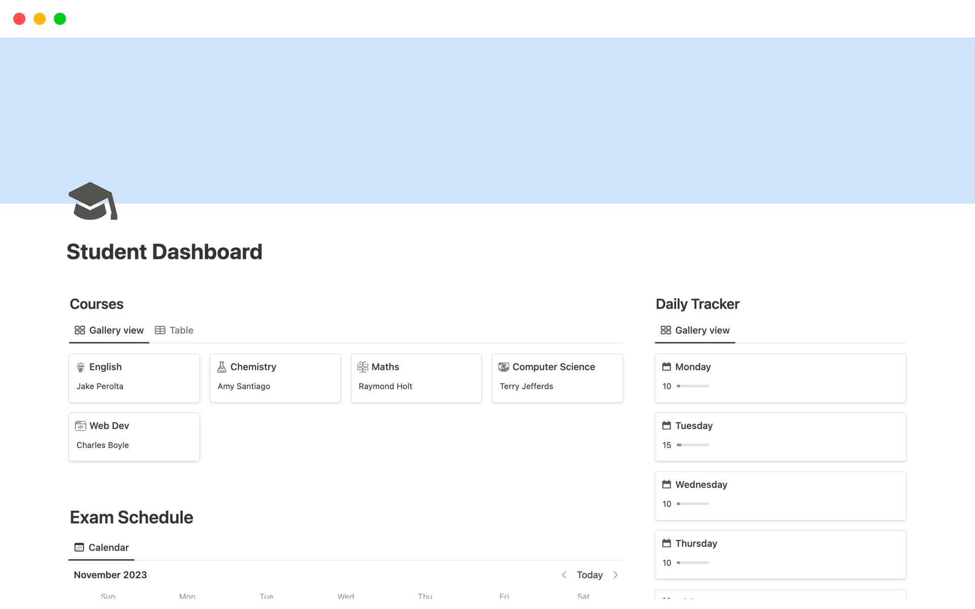 En förhandsgranskning av mallen för Ultimate Student Dashboard
