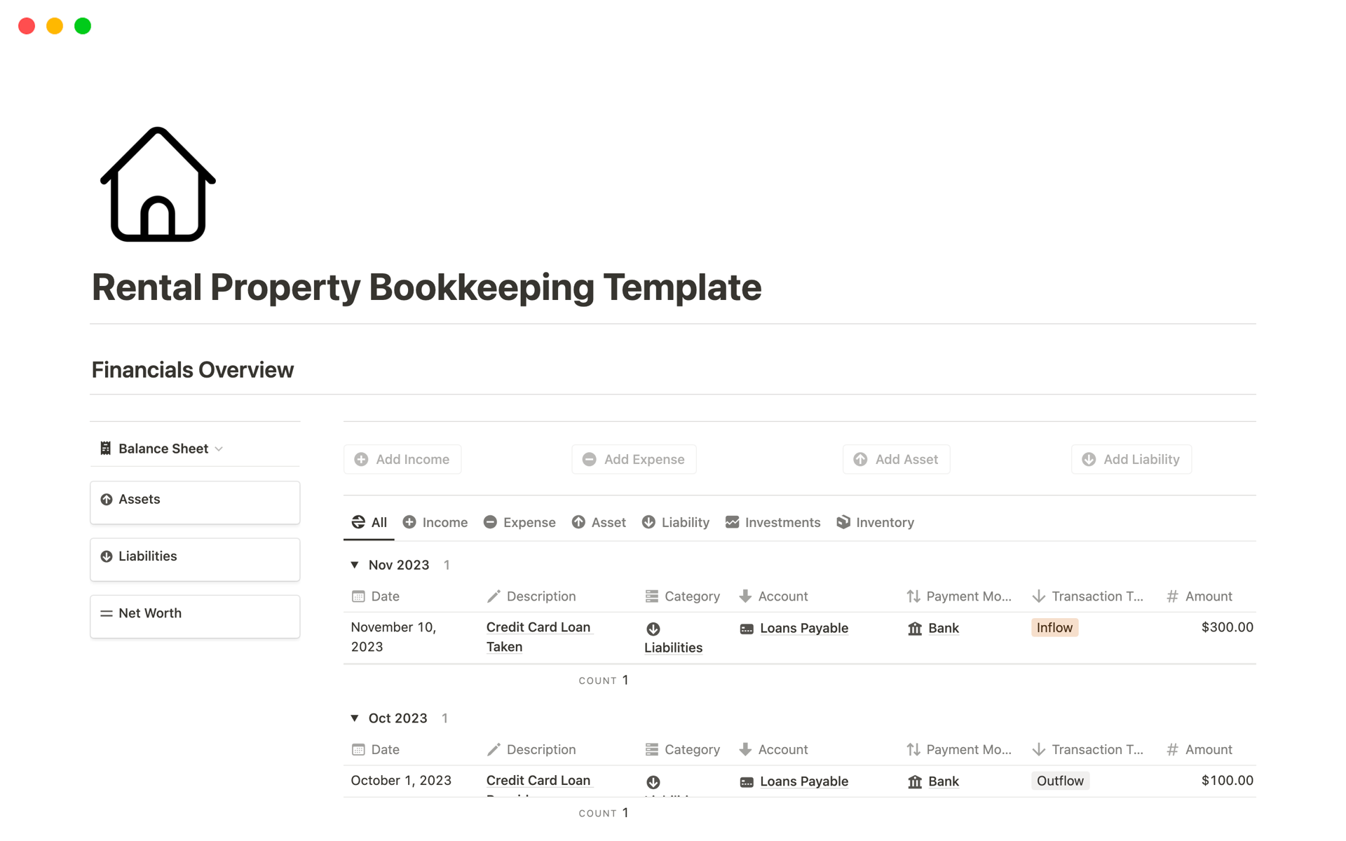 A template preview for Rental Property Bookkeeping