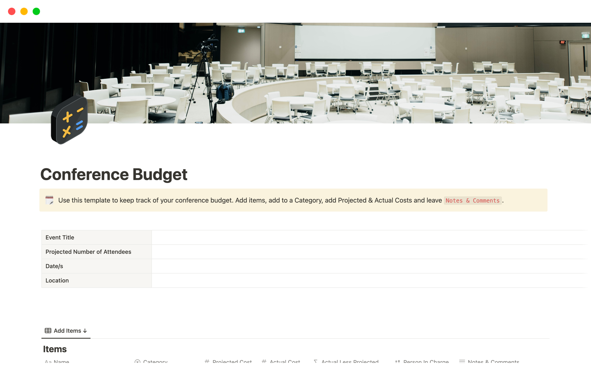 En förhandsgranskning av mallen för Conference Budget