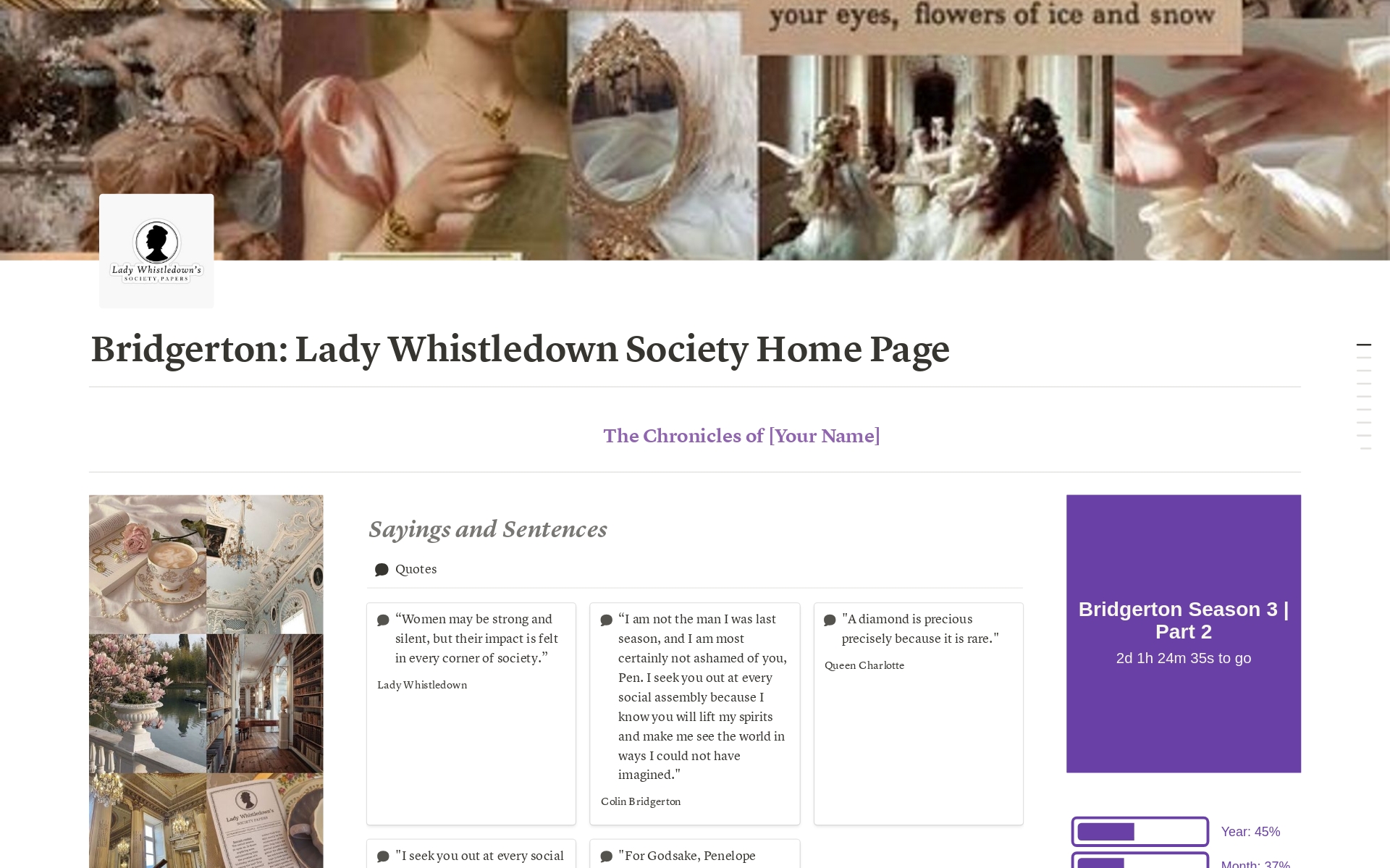 A template preview for Bridgerton: Lady Whistledown Society Home Page
