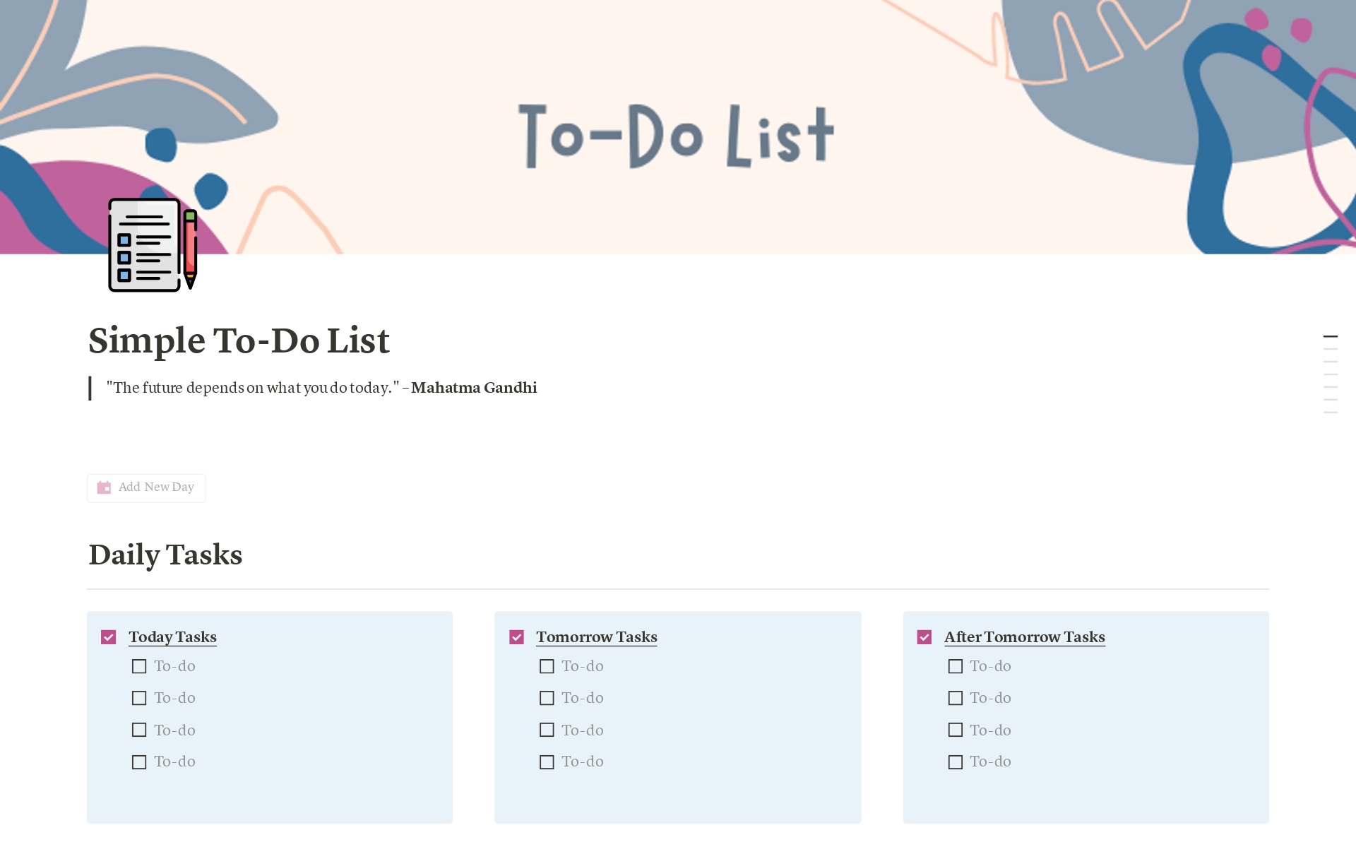 Organize your tasks efficiently with this comprehensive template for daily, weekly, and monthly planning. Stay on top of your goals with structured routines and focused tasks. Created by amiic.dev.

