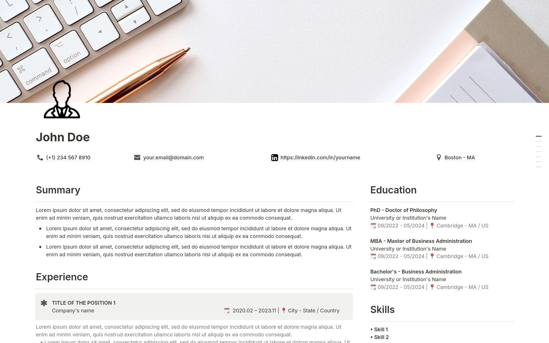 Elevate Your Executive Presence: The Ultimate Notion Resume Template

Are you a seasoned professional aiming for C-suite positions, VP roles, or board seats? Your resume is your first impression – make it impeccable with this meticulously crafted Notion template.