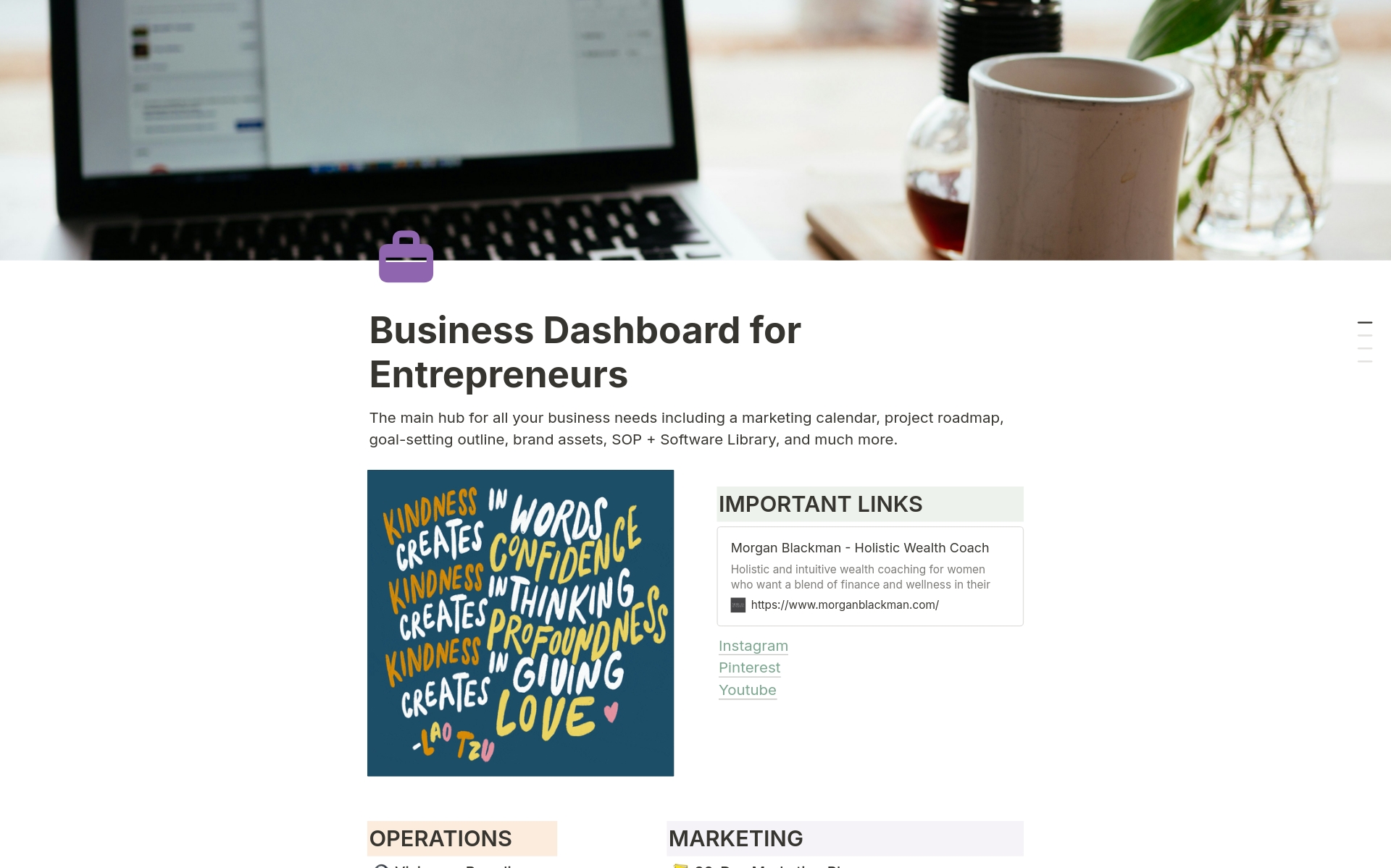 This template is an all-in-one business dashboard, complete with all your business needs required for maximum growth and success. It's a user-friendly Notion template made for coaches and service-based businesses.